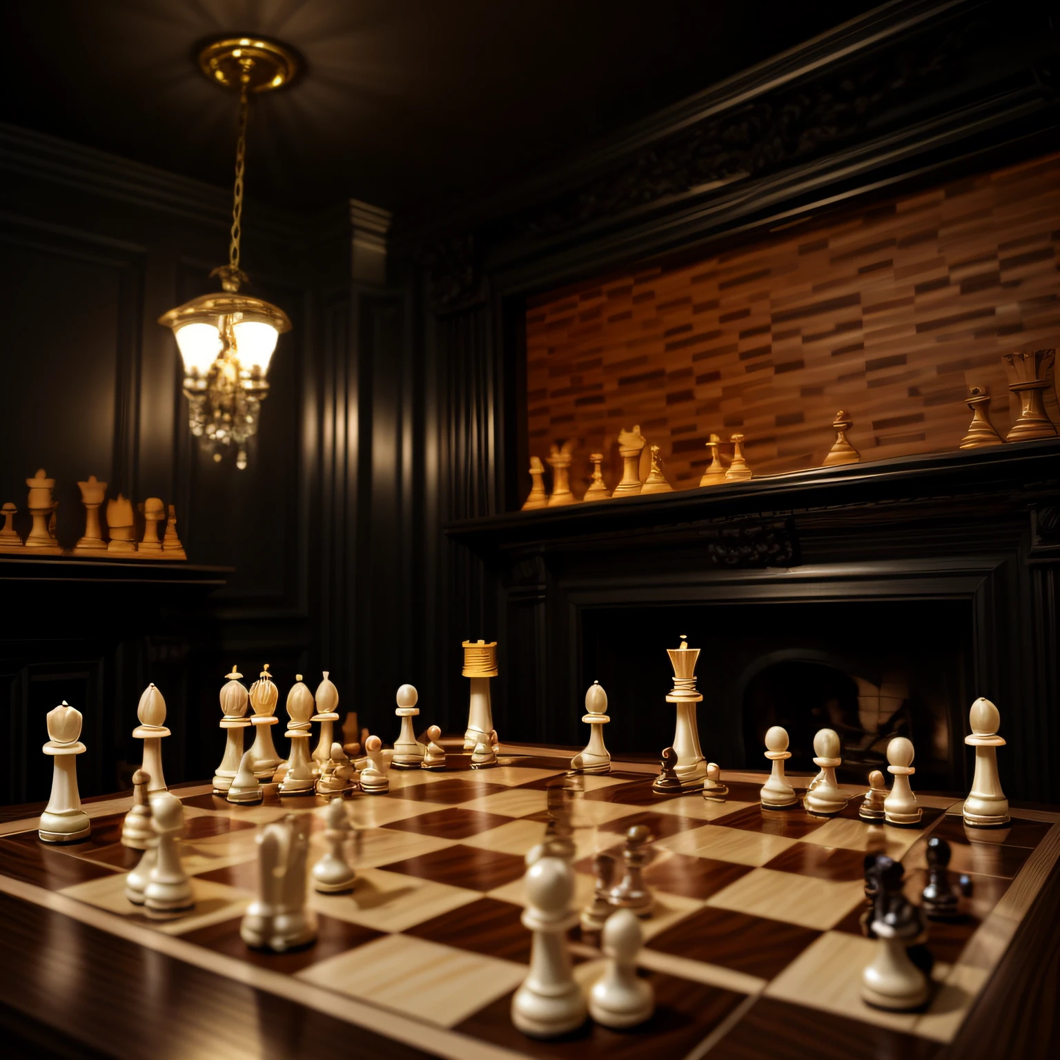 "Cozy house with chess theme, detailed decoration, smoked environment, chess players competing, in an atmosphere of intense challenge. Perfect for those looking for a unique experience. Book now!"
