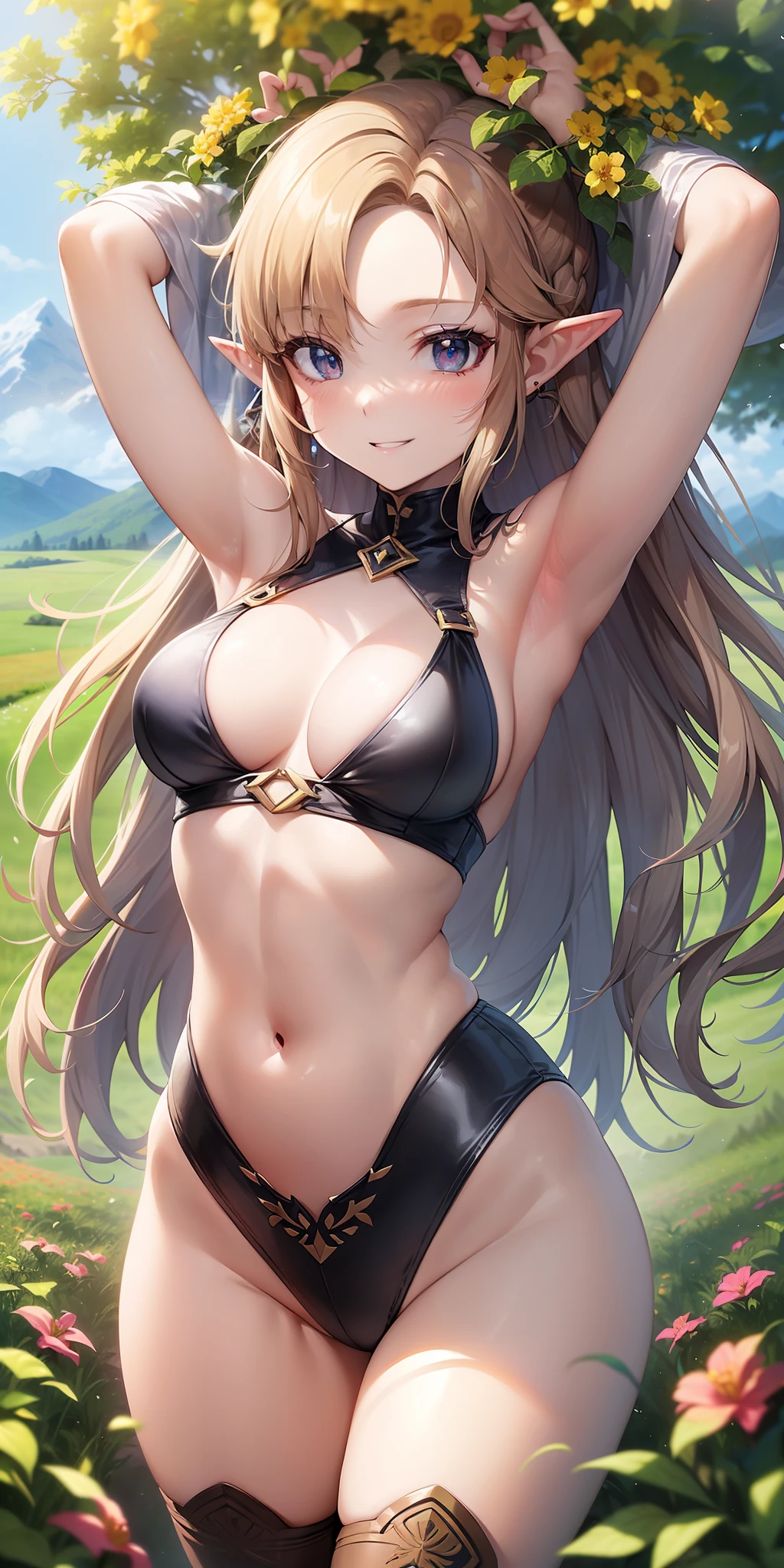 ((masterpiece)), ((best quality)), ((anime)) girl, ((princess character)
Zelda)), ((beautiful body)), pale skin, ((eyes)), eyebrow, ((ear)), happy, smile, hair, ((hair highlights effect)), ((outfit)), (arms), thin waist, ((thick legs)), ((big thigh)), standing, ((background scenery)), ((old world)), ((seeing)), ((hair swinging )), ((field of flowers)), ((mountain)), ((leaves flying)), ((beautiful day)), pov, ((viewer view)), ((want to hug)), (( ruddy)), lustful,