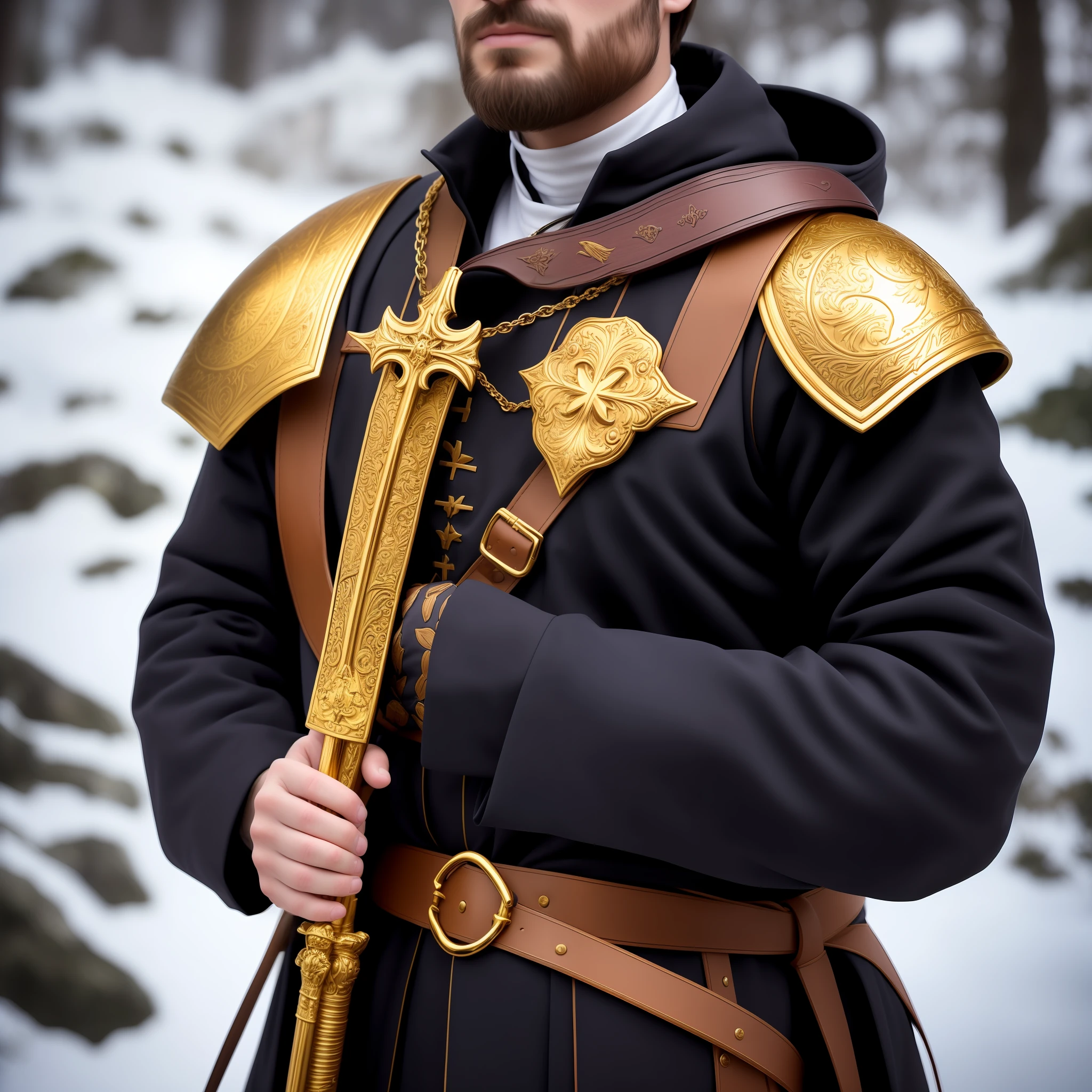 (((Pope Francis))) a Templar Catholic Warrior holding a shiny steel sword, wearing winter coat with golden stitching, golden eagle necklace, HDR, super realistic, hyper realistic, hyper detailed, highly detailed, 4k, 8k, DSLR, photo, photorealistic, full body, centered
