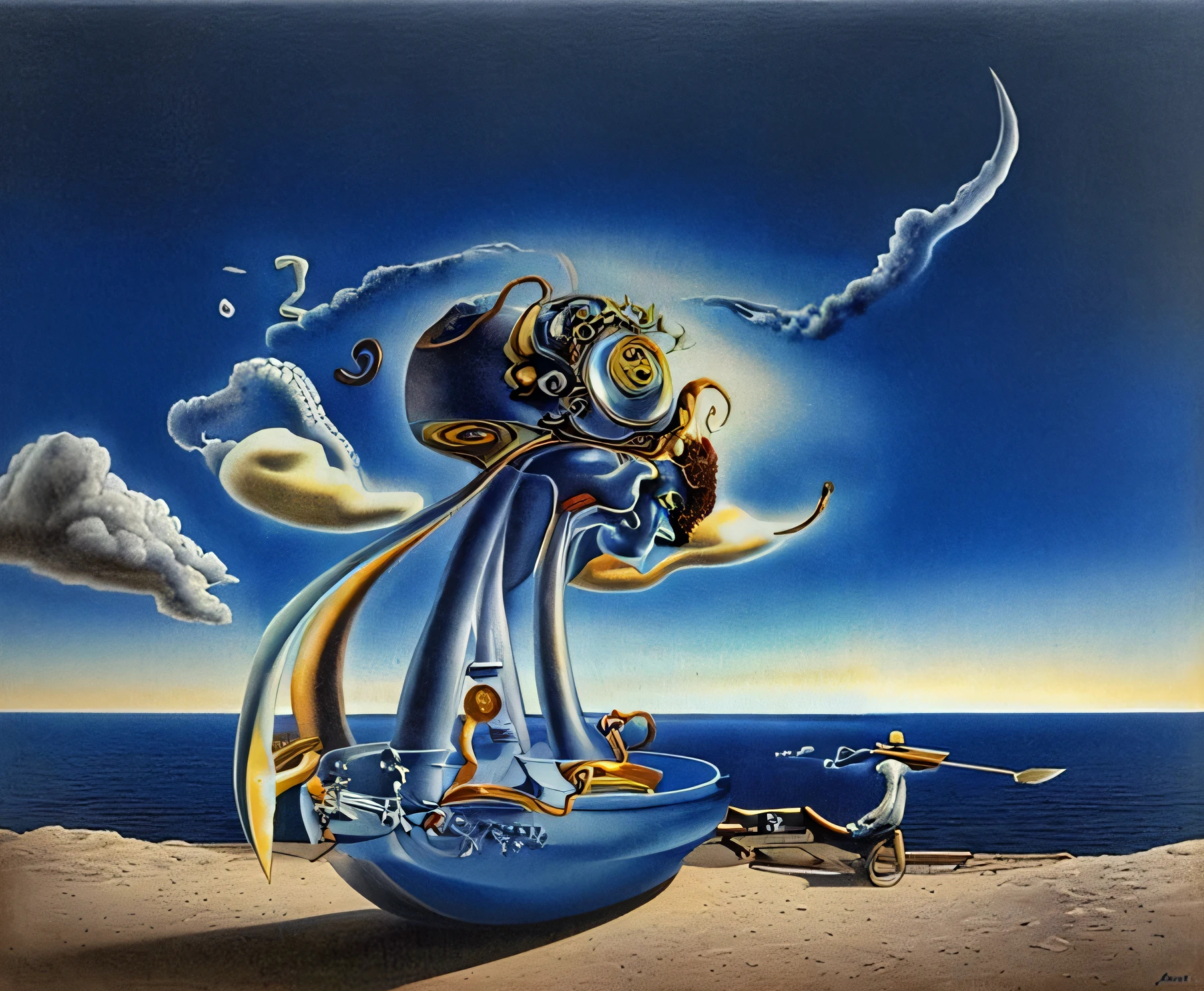 a painting of a man in a blue hat on a boat, surrealist art, surrealist artwork, surrealism art, neosurrealism, by Dali, style of surrealism, surrealist art style, jacek yerka and vladimir kush, giger and jacek yerka, surrealist painting, a surrealist painting, surreal art, style of dali, surrealism painting