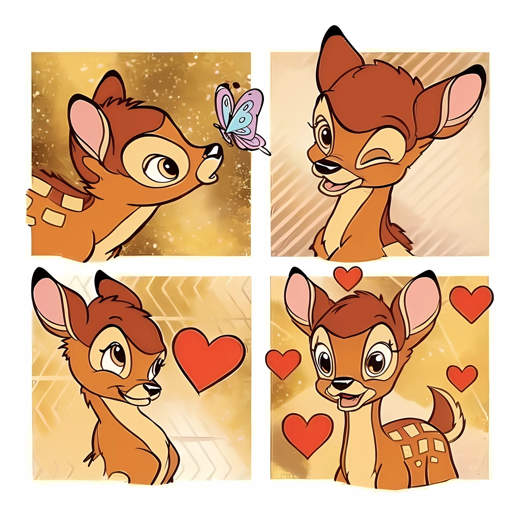 a close up of four pictures of a deer with hearts, disney's bambi cat, disney art, by Bob Singer, by disney, cute artwork, disney cartoon, awesome, disney art style, production art, in style of disney animation, disney disney, disney cartoon face, jerry, disney artstyle, disney concept art, deers, art in the style of disney