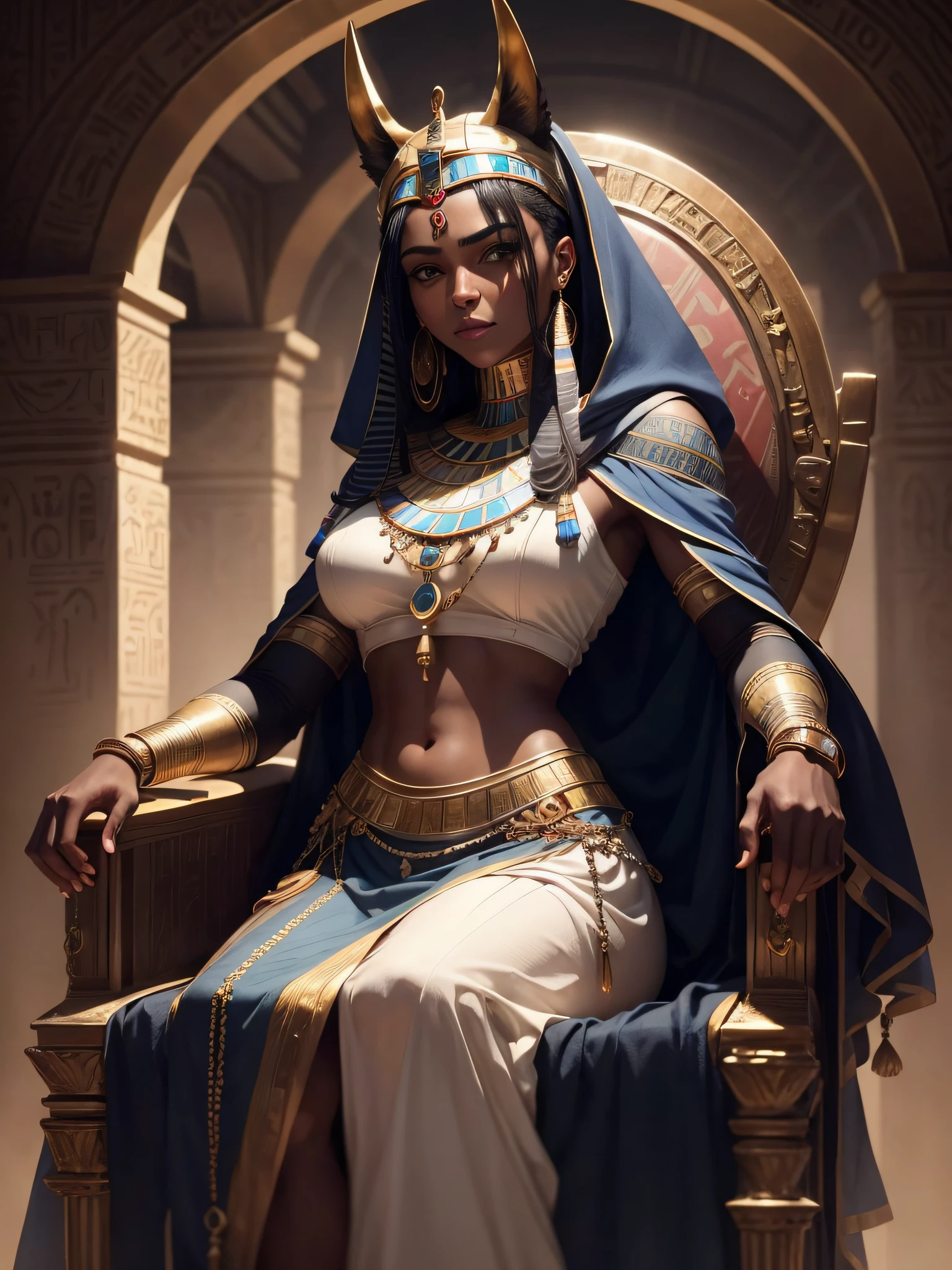 (extremely detailed wallpaper of the CG 8k unit), Egyptian woman, ultra detailed, perfect face, curly dark hair, in the scenery of ancient Egypt sitting on her throne, dark skin with a slight glow, twilight light slightly mind high, with Egyptian tattoo, mysterious look, and a faint smile on her face, (ultra detailed eyes).