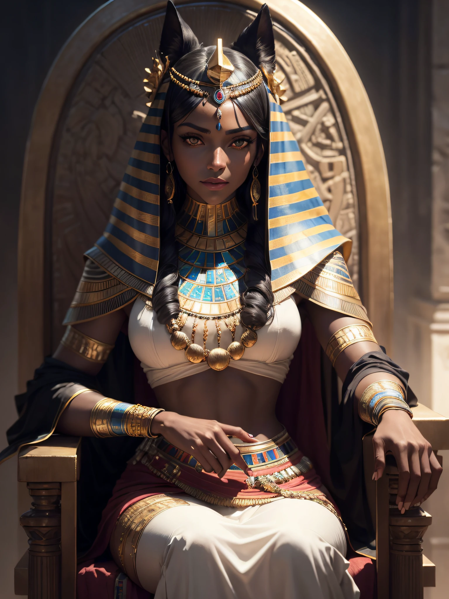 (extremely detailed wallpaper of the CG 8k unit), Egyptian woman, ultra detailed, perfect face, curly dark hair, in the scenery of ancient Egypt sitting on her throne, dark skin with a slight glow, twilight light slightly mind high, with Egyptian tattoo, mysterious look, and a faint smile on her face, (ultra detailed eyes).