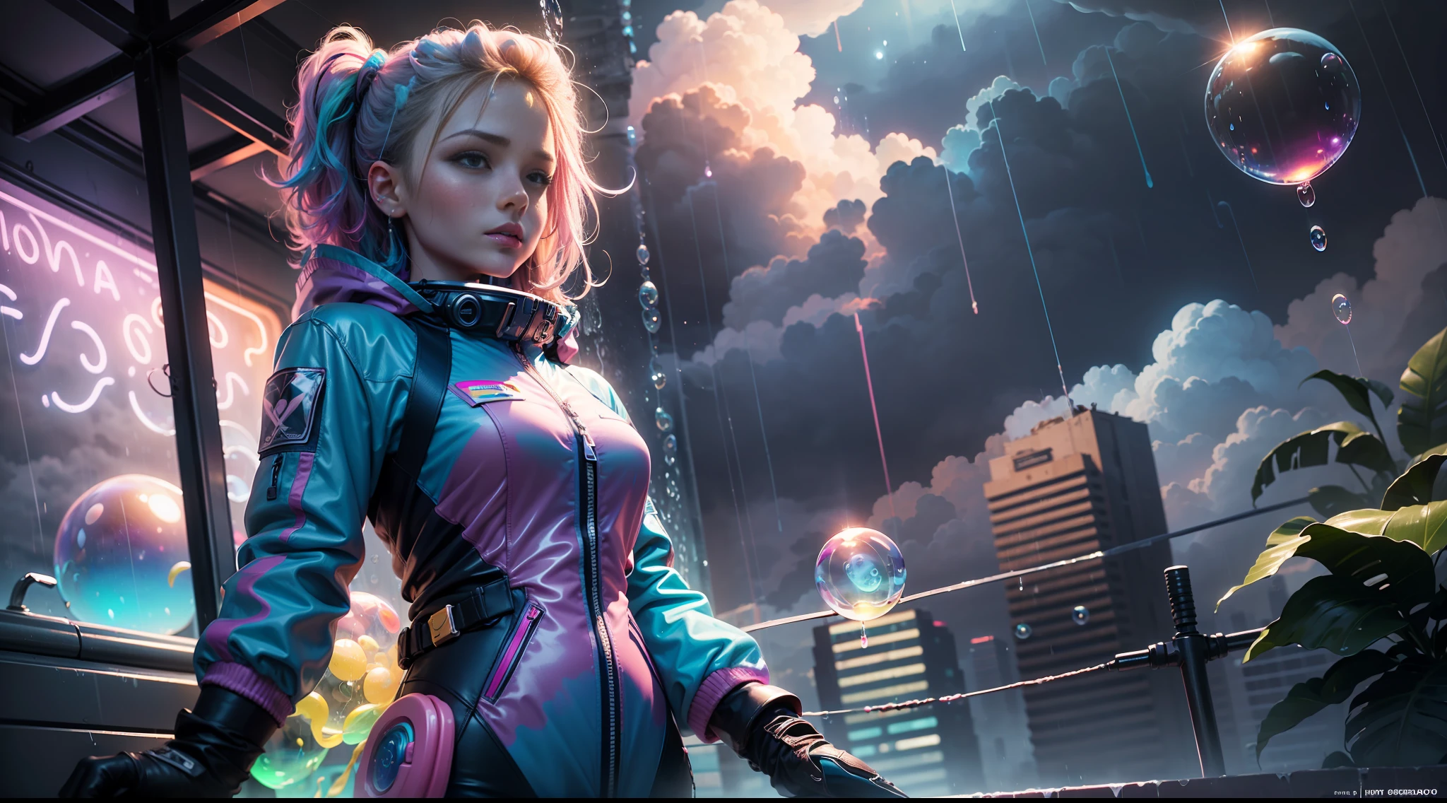 hd masterpiece, one standing woman space cadet looking at camera, detailed face, mid shot, colorful suit, ((colorful clouds and rain)) and (((neon soap bubbles))), jungles background