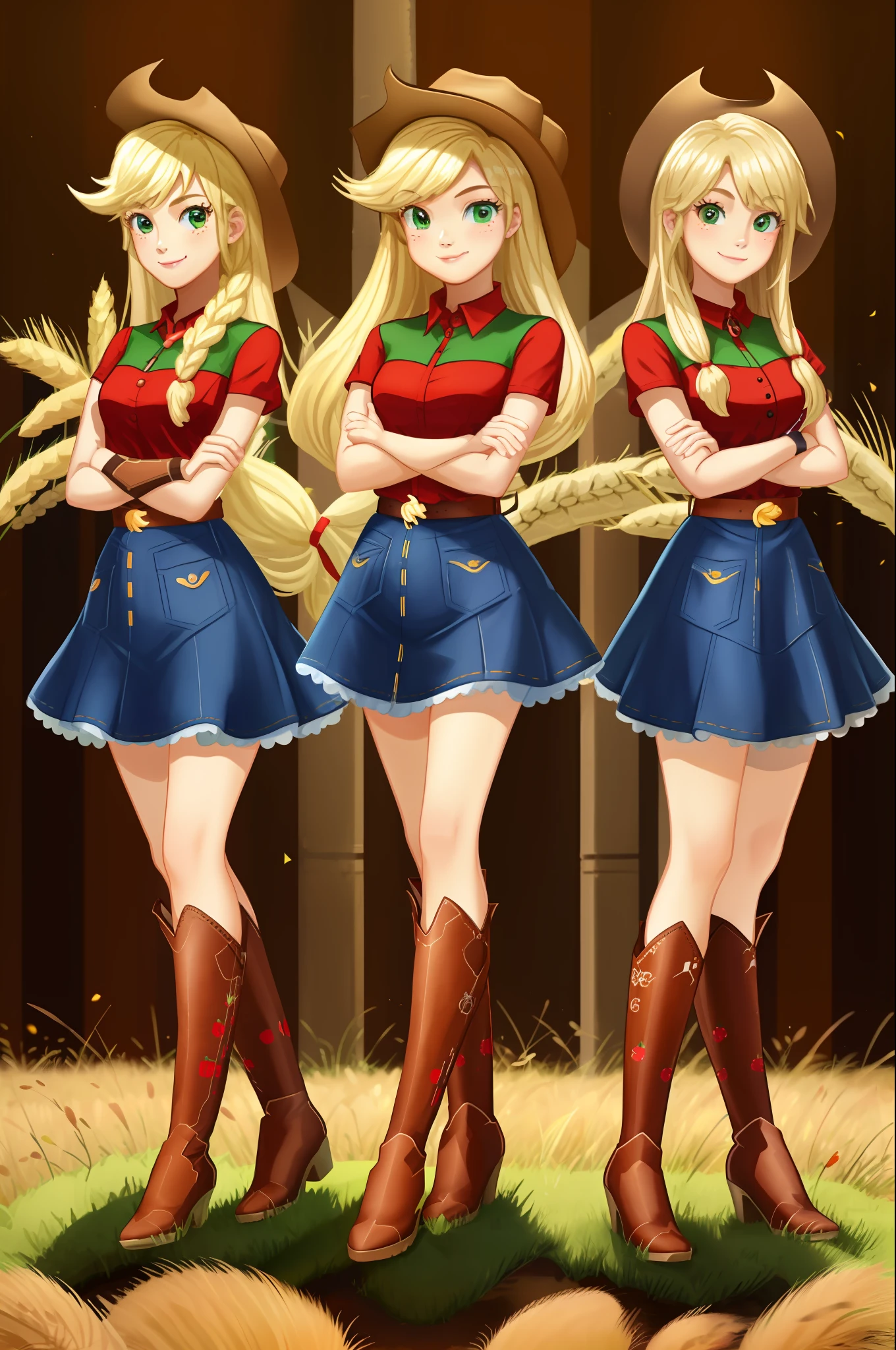 (masterpiece, best quality:1.2), cowboy shot, trio, 3girls, identical triplets, clones, mlpapplejack, smile, looking at viewer, crossed arms, low-tied long hair, cowboy hat, shirt, short sleeves, denim dress, wheat field, full body, thigh high boots, high heeled boots, matching outfit, matching hairstyle, matching face