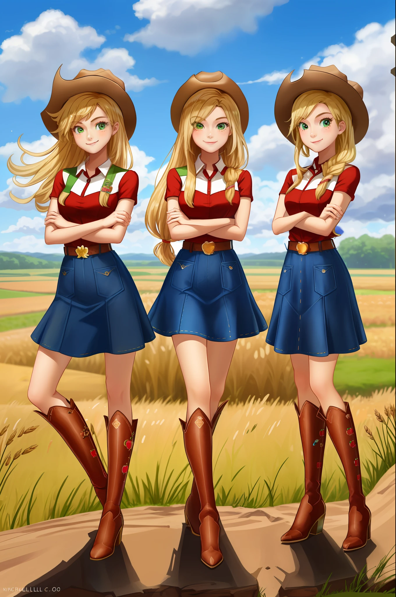 (masterpiece, best quality:1.2), cowboy shot, trio, 3girls, identical triplets, clones, mlpapplejack, smile, looking at viewer, crossed arms, low-tied long hair, cowboy hat, shirt, short sleeves, denim dress, wheat field, full body, thigh high boots, high heeled boots, matching outfit, matching hairstyle, matching face