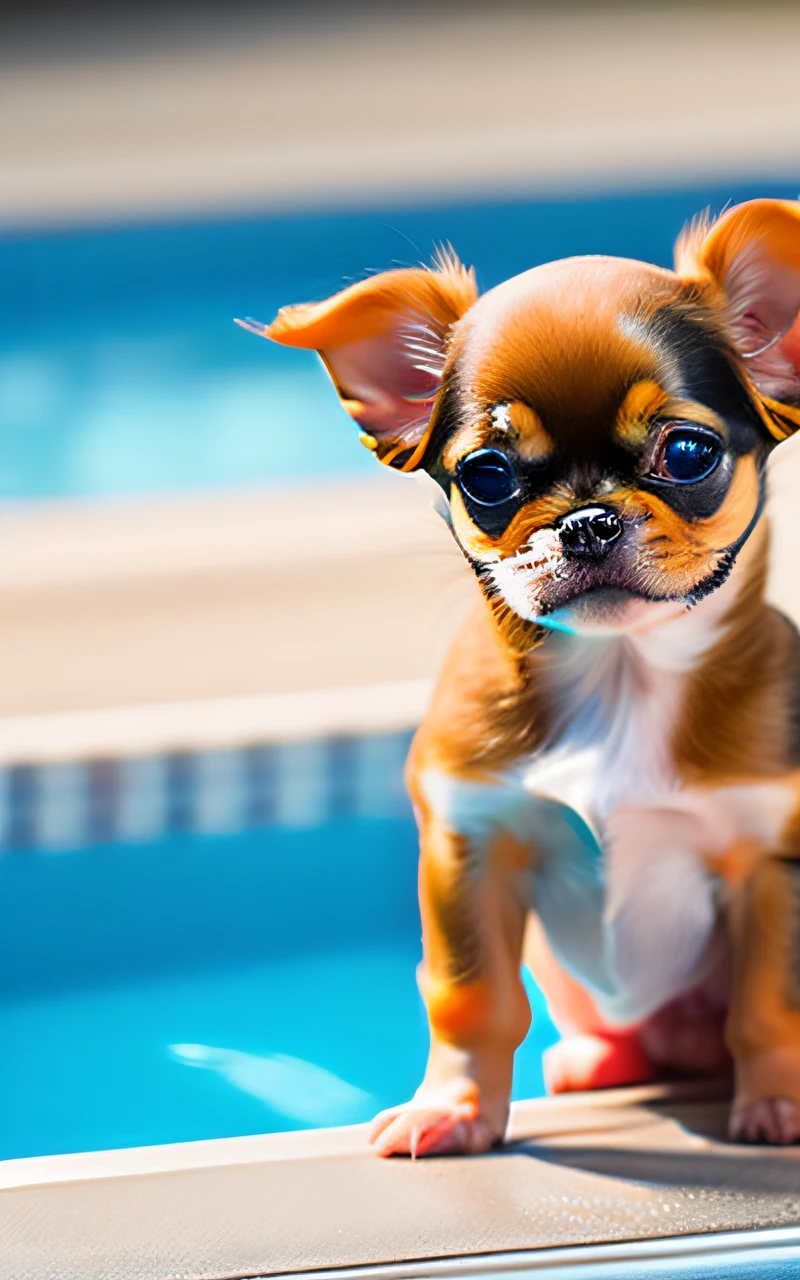 hyper Quality,Cute two Chihuahua puppies,different body colors,swimming in the pool,barking,narrow eyes,smile,eos r3 28mm