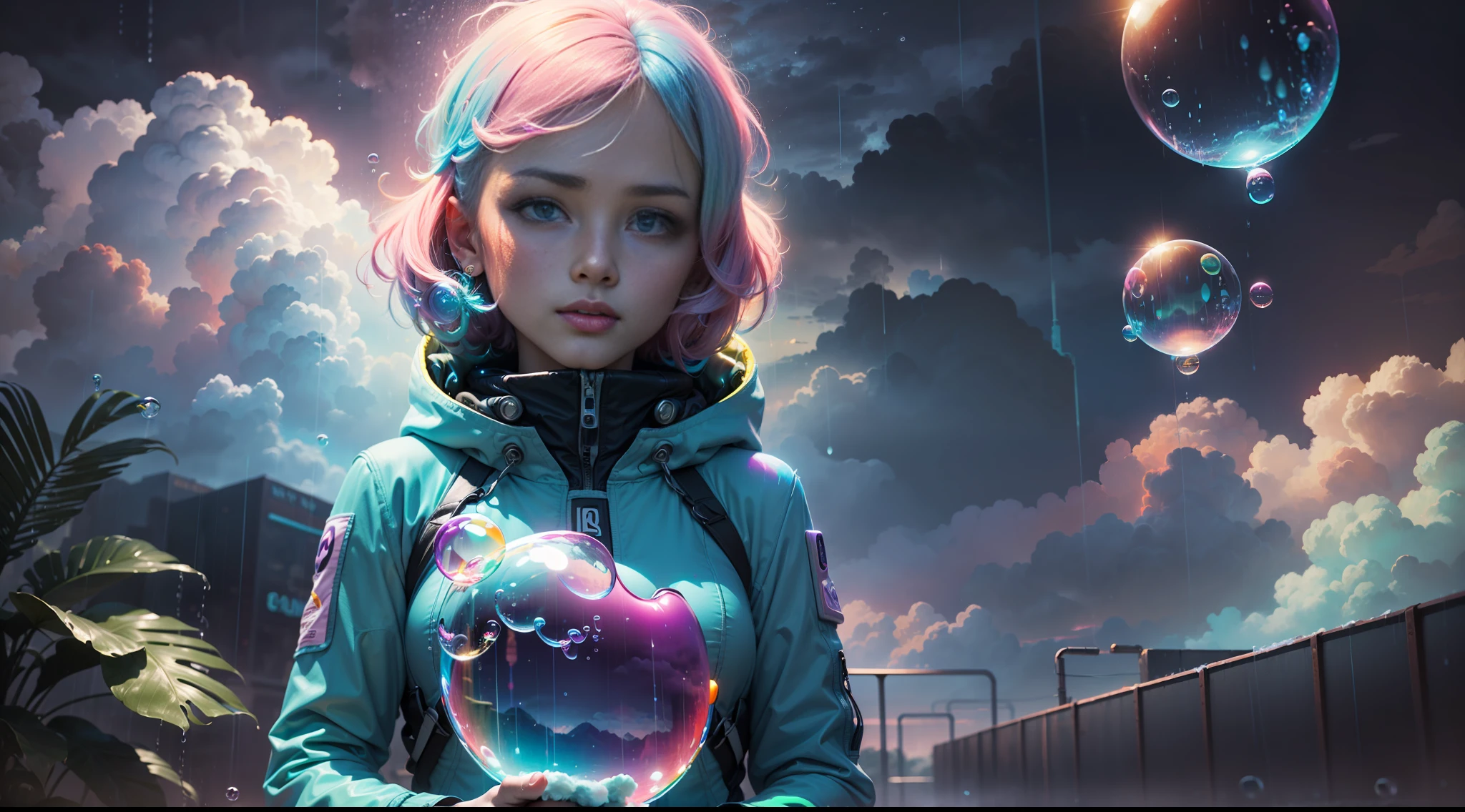 hd masterpiece, one standing woman space cadet looking at camera, detailed face, mid shot, colorful suit, ((colorful clouds and rain)) and (((neon soap bubbles))), jungles background