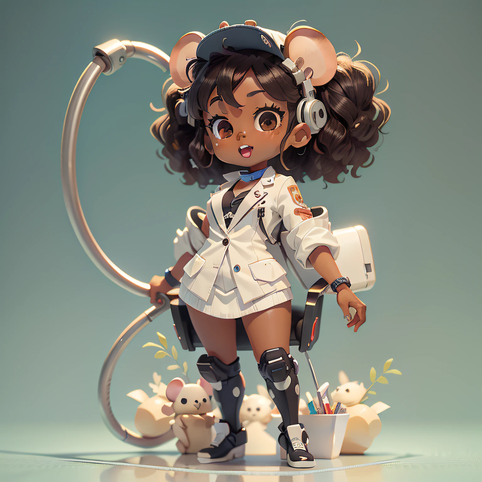 chibi, mouse, cute, dentist, action pose, dark skin, black girl, african etnic, curly hair, white cloth, with a high tech dentist chair, holding leather suit,  bigbadejo, full body, masterpiece, 3D Rendering, Best Quality, Lots of Detail, (plain background), vinyl toy figurine