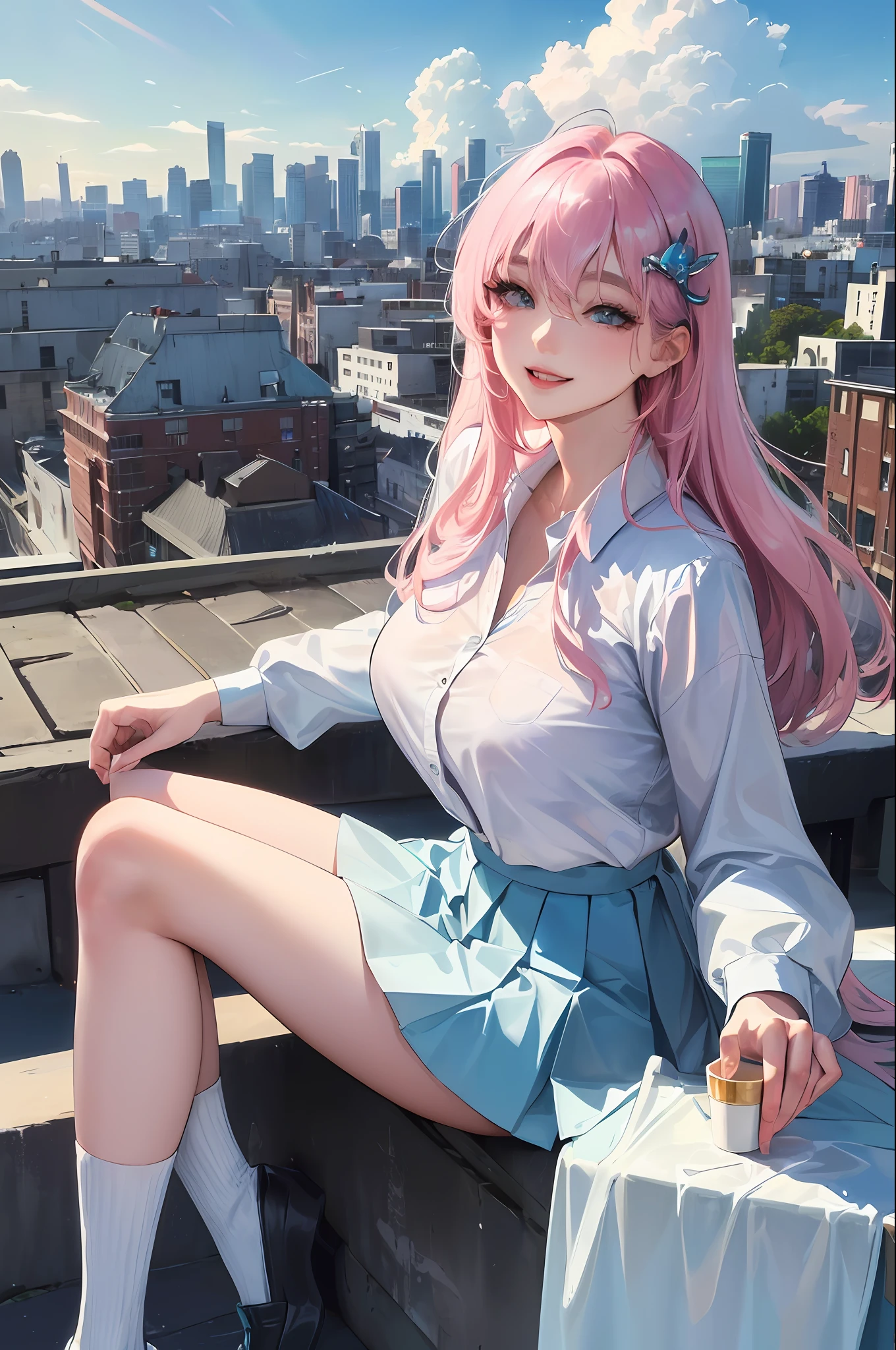 official art, masterpiece, sharp focus, (beautiful gorgeous cute Korean woman:1.3), (beautiful cute korean:1.3), korean beauty, Delicate and beautiful hair and eyes and face, realistic, ultra detailed, beautiful girl, blue sky, glow white particle, (sidelighting:1.2), sun light, white cloud, detailed clouds, slender, Lovely very large breasts and very large hips, smile with teeth, ((smile with eyes, open both eyes)), scenery, long straight hair, sexy facial expression, building, (cityscape:1.7), dynamic hair, long straight hair, detailed platinum pink hair, glow blue eyes, (blue pleated shirts + white skirt), white long socks, pale skin, hair ornament, epic scenery,