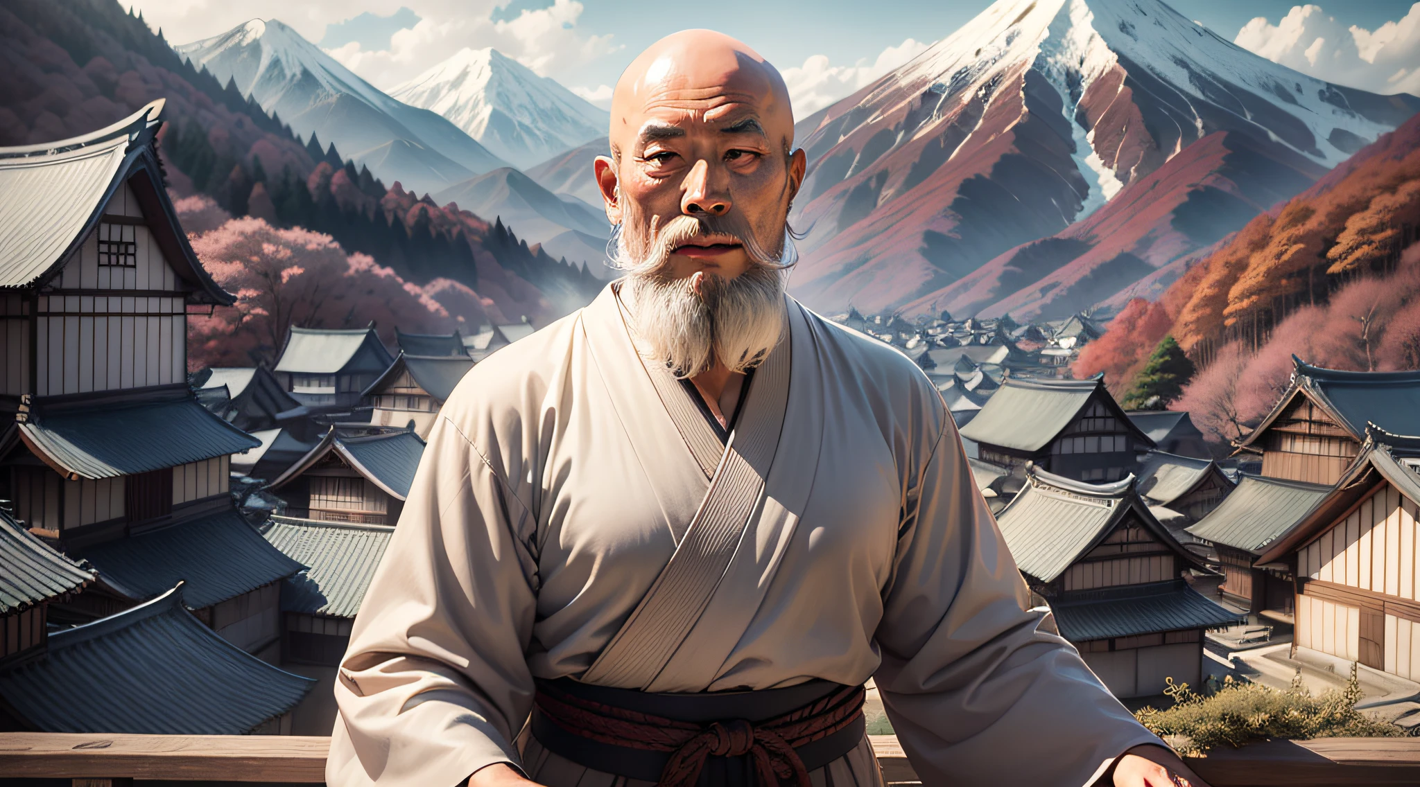 Drawing, ultra realistic, 8k, extremely detailed, in the best quality, man, Japanese monk, with long beard, no hair, standing, in a Japanese village with in the background mountains.