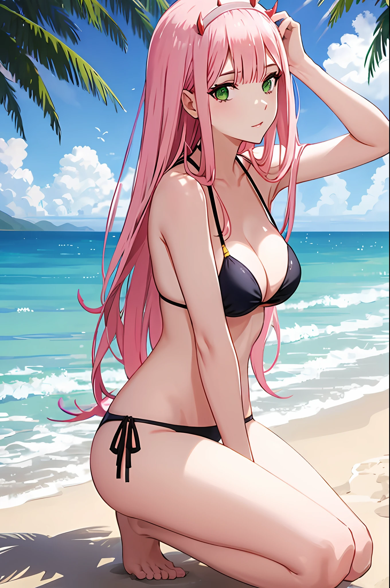 zero two, side tie bikini, medium breast, slim legs, sunny day, Beach, leaning, beautiful eyes, green eyes, nervous