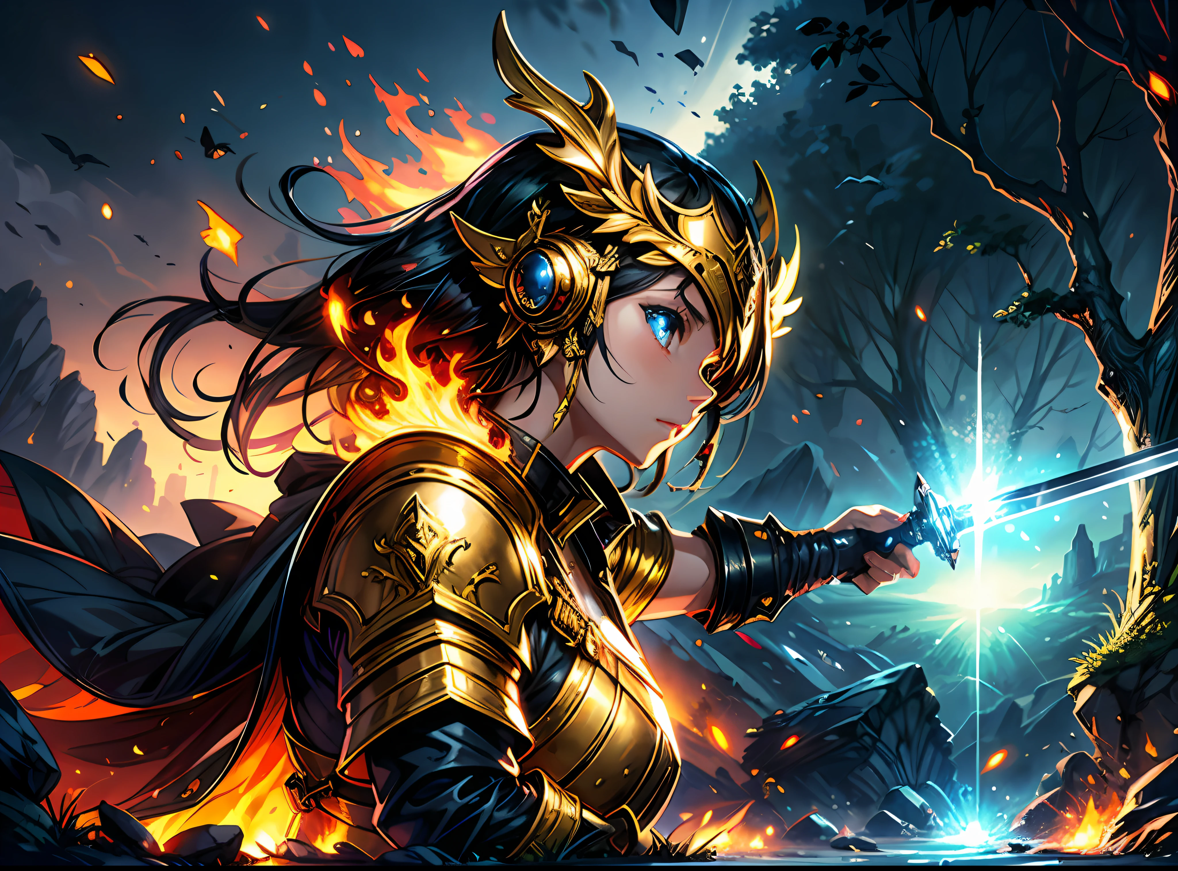 gold, fire, fantasy, glow, sword, nature, light, day, sun, metal, war