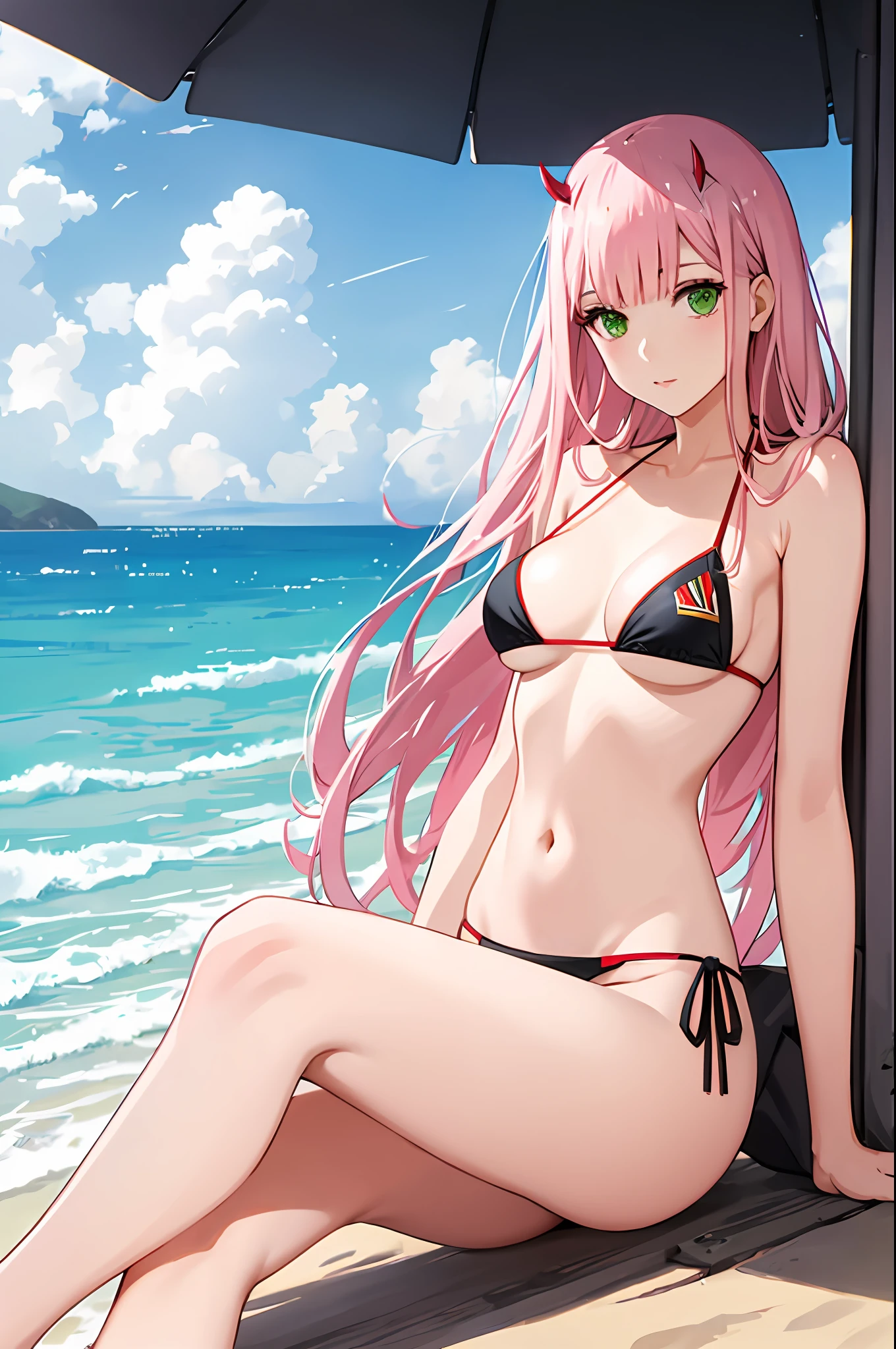 zero two, side tie bikini, medium breast, slim legs, sunny day, Beach, leaning, beautiful eyes, green eyes, nervous