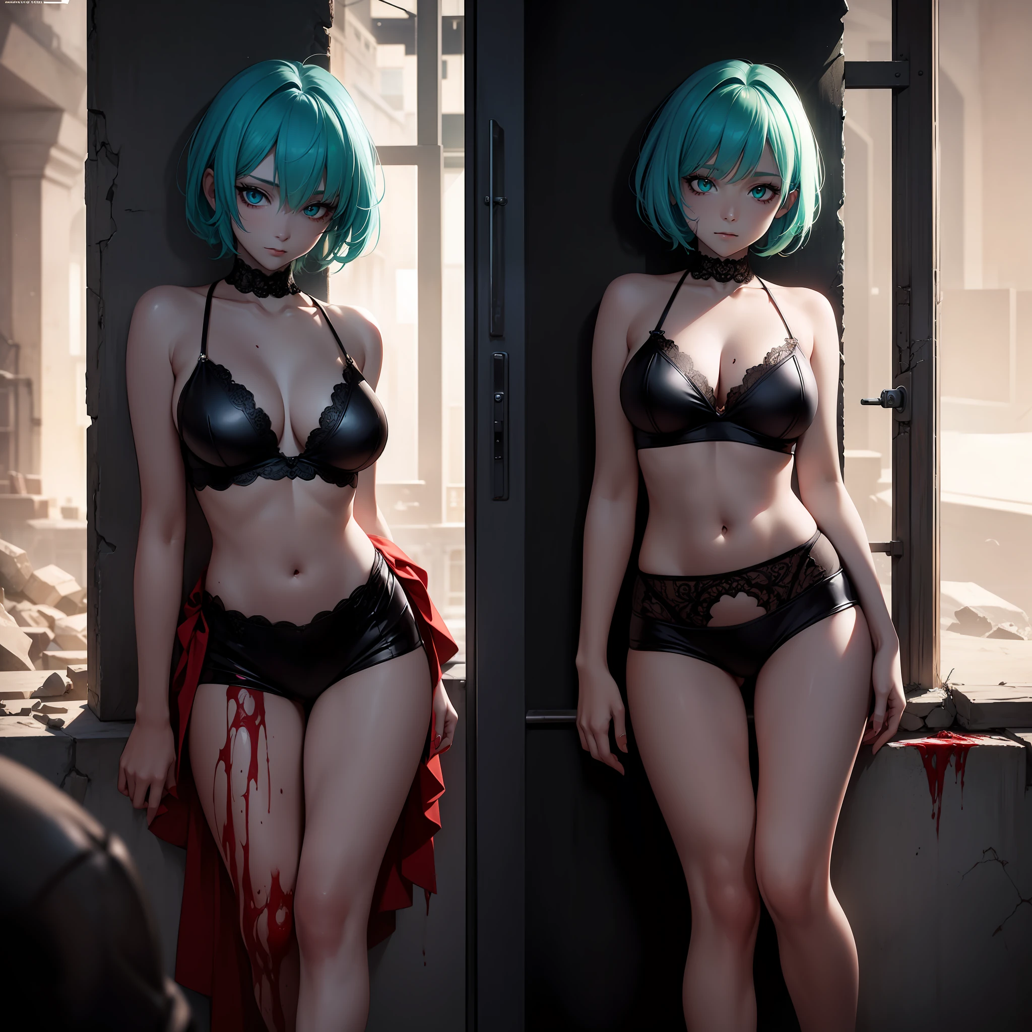 1 Woman, Aesthetic: 1.2), (High Resolution, Absurd Resolution, 8K Resolution, 4K Resolution: 1.3), (Complex, Complex, Retouched Images, HDR: 1.8), (Sharp Focus: 1.5), (Digital Painting: 0.8), (Anime: 1.8), Color Grade, Portrait, Soft Lighting, Intense Shadows, Detailed Background, Ruins, Blood, Zombie Girl, Slender Waist, Sexy Legs, big, horror, mint green hair, short hair, blue eyes