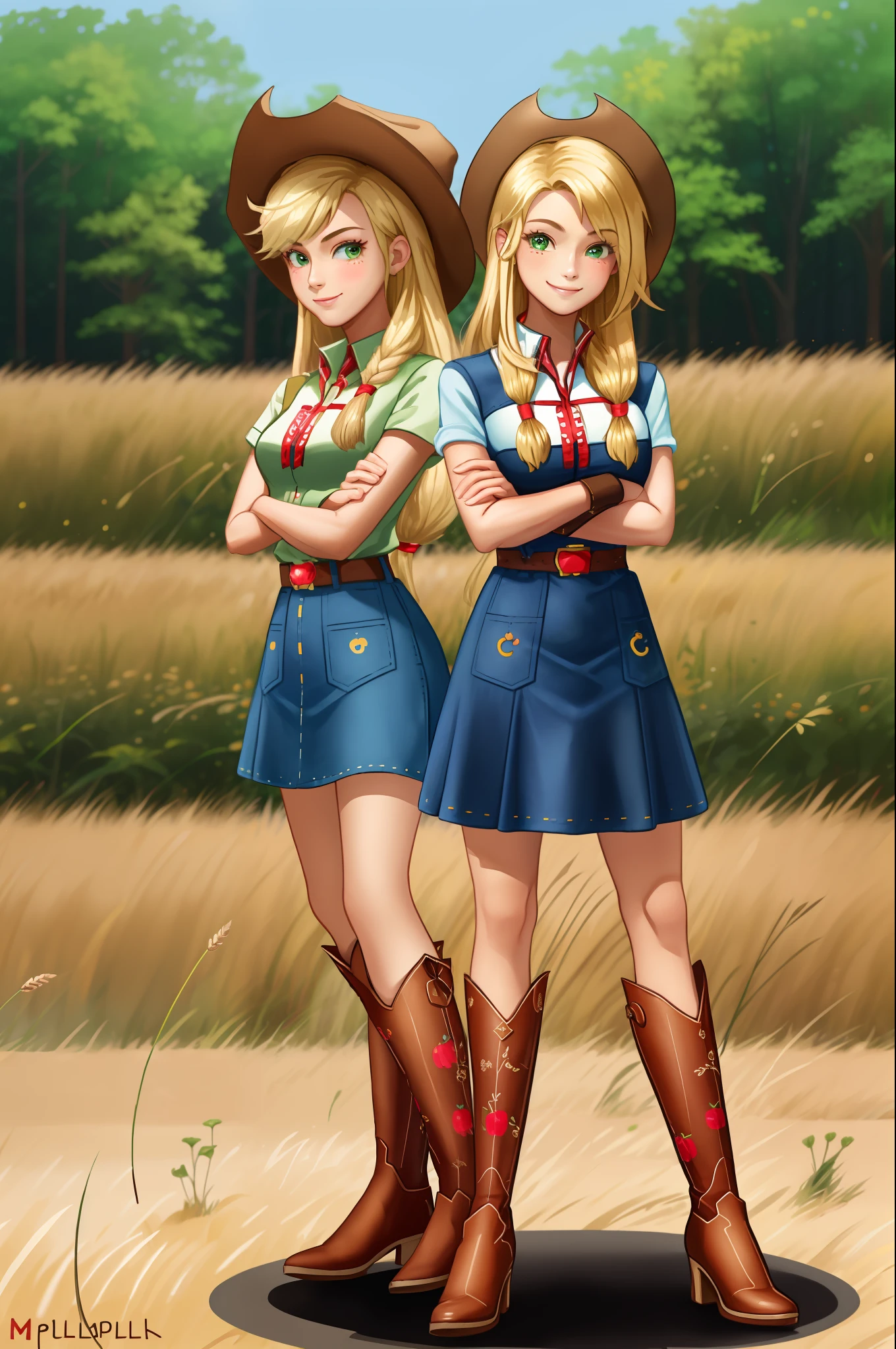 (masterpiece, best quality:1.2), cowboy shot, group, thousands of girls, identical sisters, clones, mlpapplejack, smile, looking at viewer, crossed arms, low-tied long hair, cowboy hat, shirt, short sleeves, denim dress, wheat field, full body, thigh high boots, high heeled boots, matching outfit, matching hairstyle, matching face