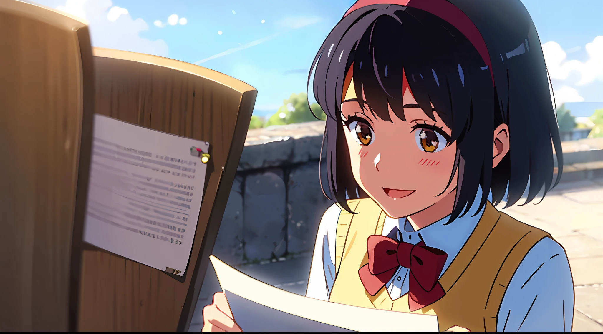Best image quality, outstanding detail, super high resolution, (realism: 1.4), best illustration, prefer details, masterpiece, shinkai makoto, kimi no na wa., 1girl, bangs, black hair, blue sky, blush, bow, bow, brown eyes, cloud, collared shirt, headband, headband, red bow, red bow, red headband, red ribbon, Ribbon, school uniform, shirt, short hair, smile, solo, sweater vest, upper body, vest, white shirt, yellow sweater vest, yellow vest, happy, open mouth, reading, writing, marker