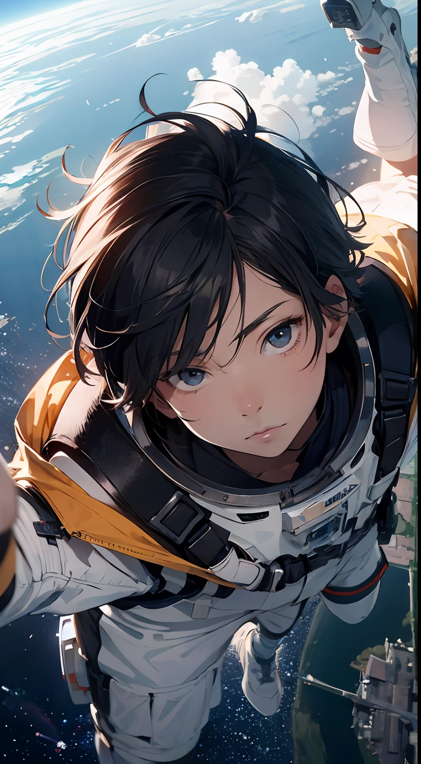 ridiculous resolution, high resolution, (masterpiece:1.4), super detailed, 1boy, seen from above, space, floating, --v 6