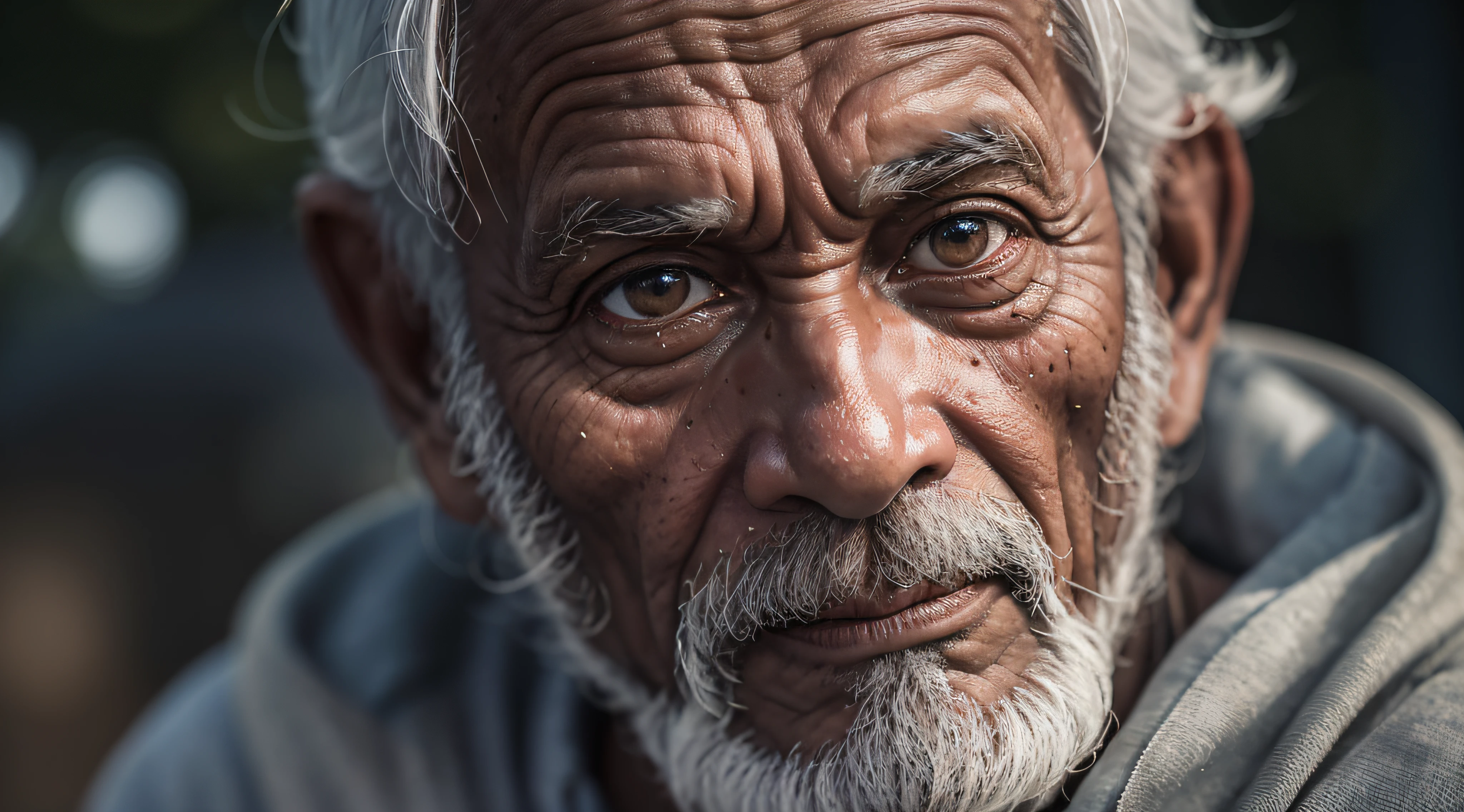 cinematic portrait photo of a very interesting indian old man inside a house, eyes close up, highly detailed vfx portrait, taken with a full frame camera with a wild lens, in his hobbit home,