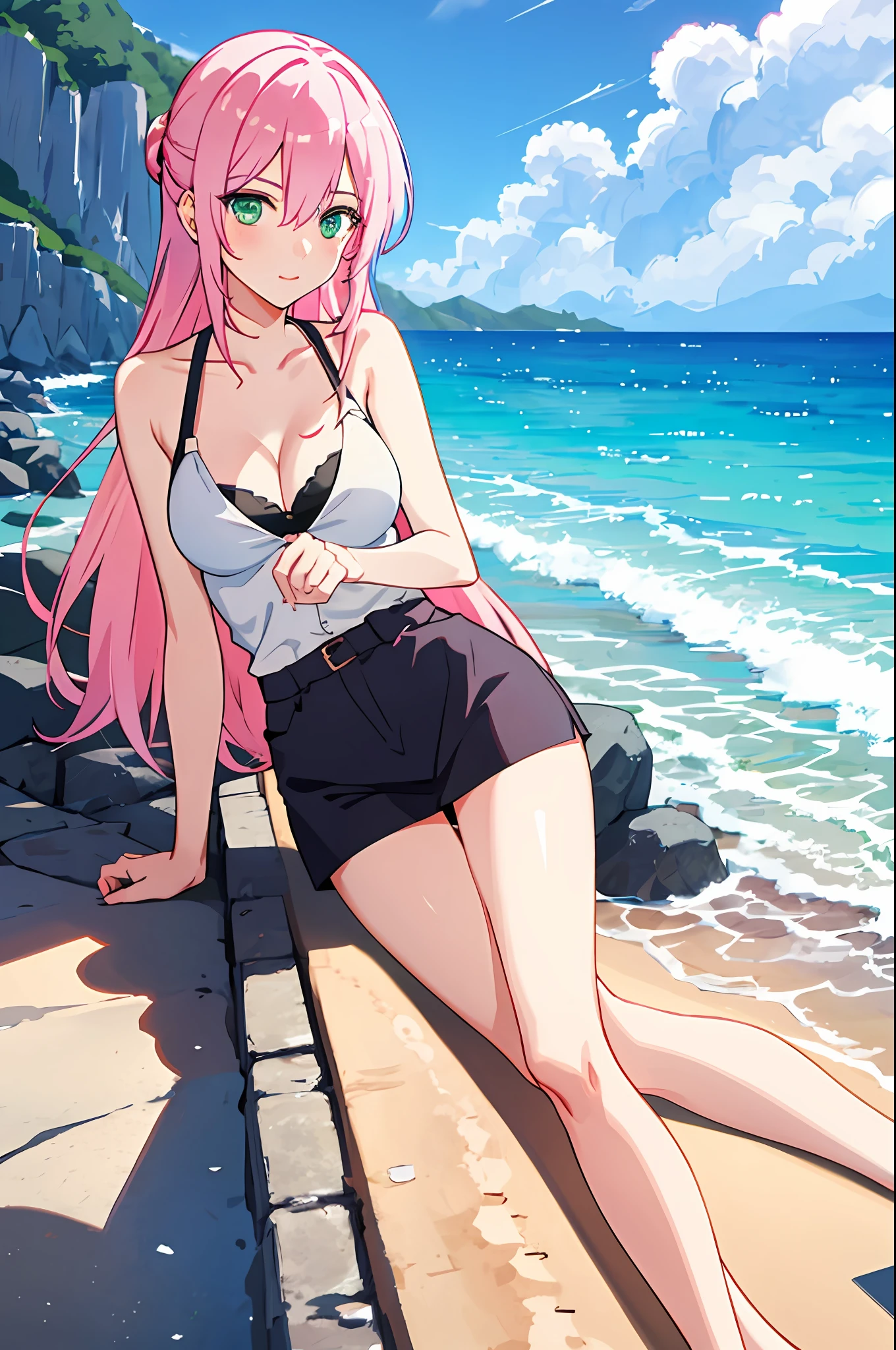 shikimori, medium breast, slim legs, sunny day, Beach, leaning, beautiful eyes, green eyes, nervous
