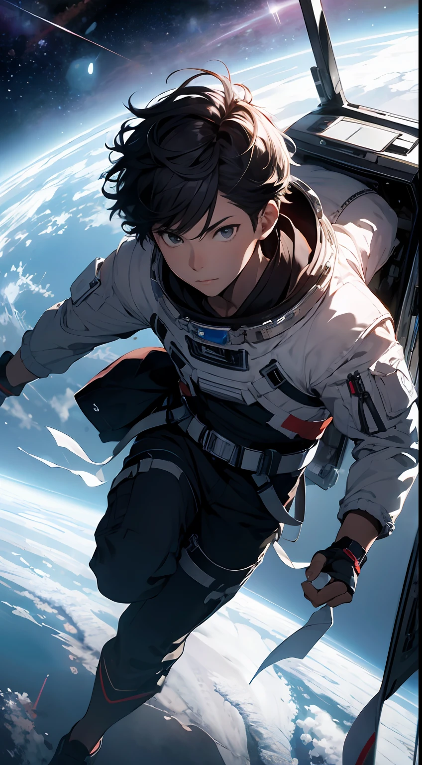 ridiculous resolution, high resolution, (masterpiece:1.4), super detailed, 1boy, seen from above, space, floating, --v 6