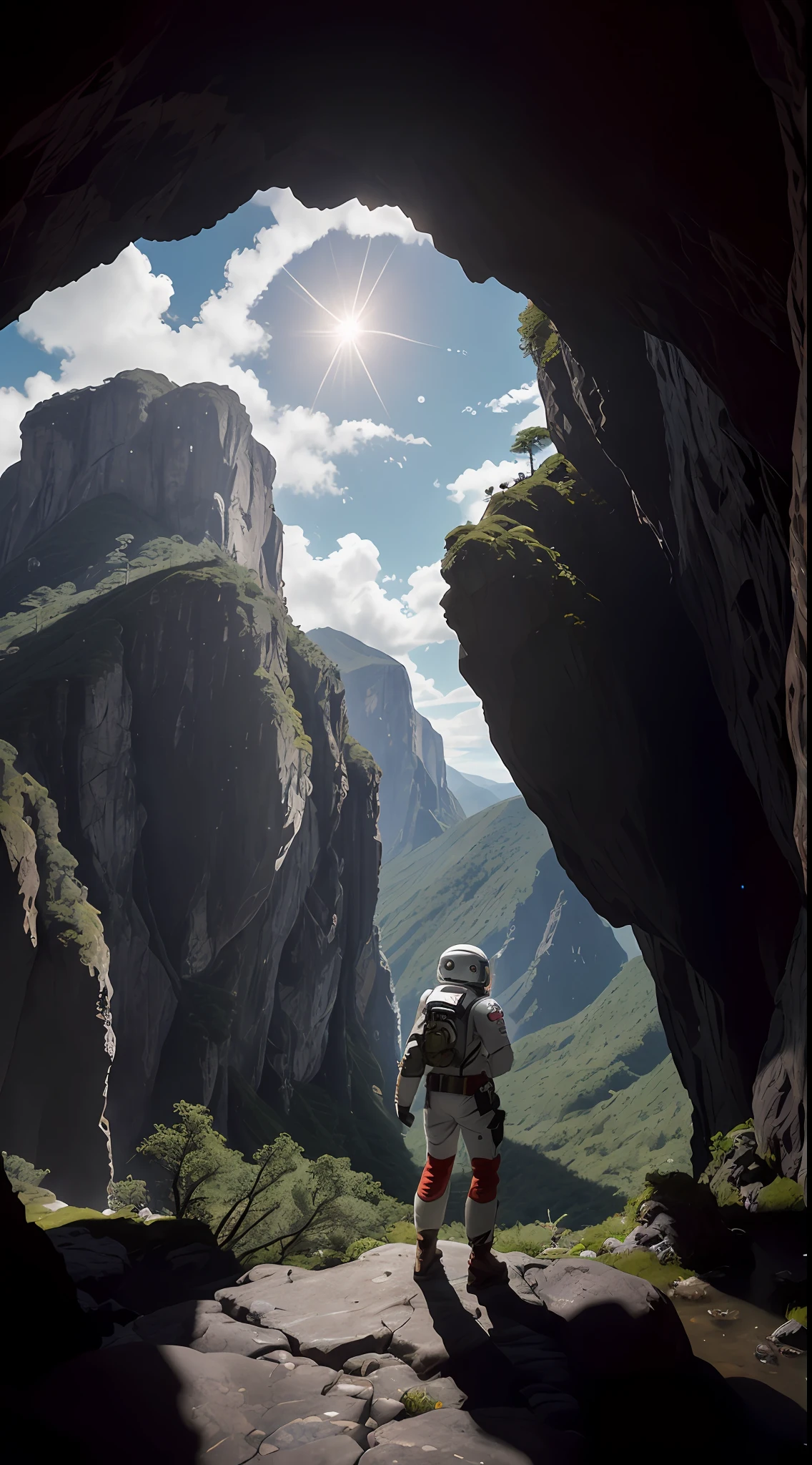 (35mmstyle:1.2), highly detailed RAW color photo, back corner, full body, (female space marine, wearing white and red spacesuit, futuristic helmet, tinned mask, rebreather, prominent loot), outdoors, (standing on a cliff tall Rocky Mountains, looking out at the magical lush green rainforest on an alien planet), vivid details, (exotic alien planet), toned body, big ass, (sci-fi), (Mountains: 1.1), (Lush green vegetation), (Two Moon in the sky: 0.8), (Very detailed, Ultra-detailed, Complex), (Lens flare: 0.7), (Halo: 0.7), Particle effects, ray tracing, cinematic lighting, shallow depth of field, Shot on Sony a9 II, 35mm wide-angle lens, clear focus, motion picture film, from Gravity 2013, seen from behind, dynamic angle