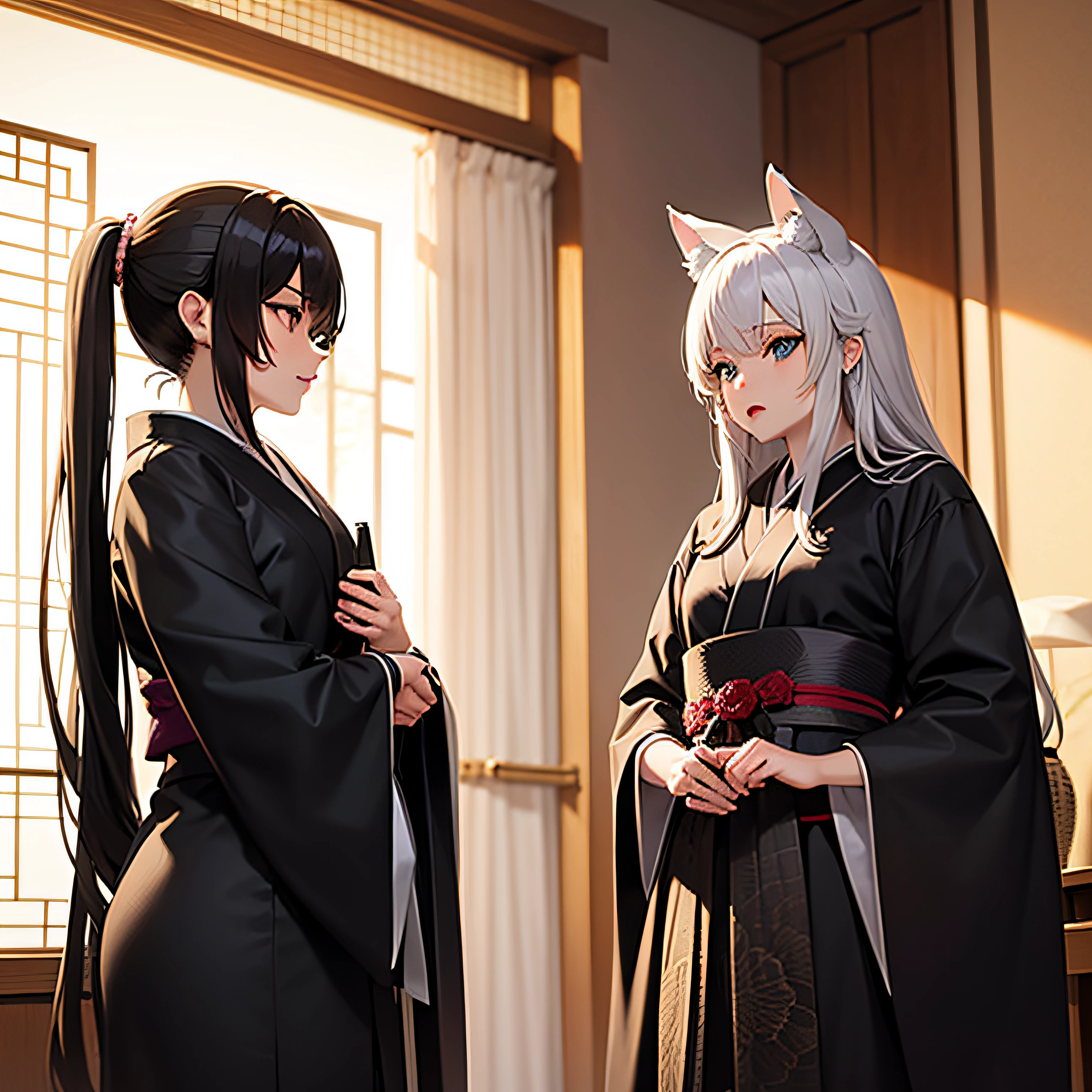 an anime weight with wolf orehas black black kimono hair