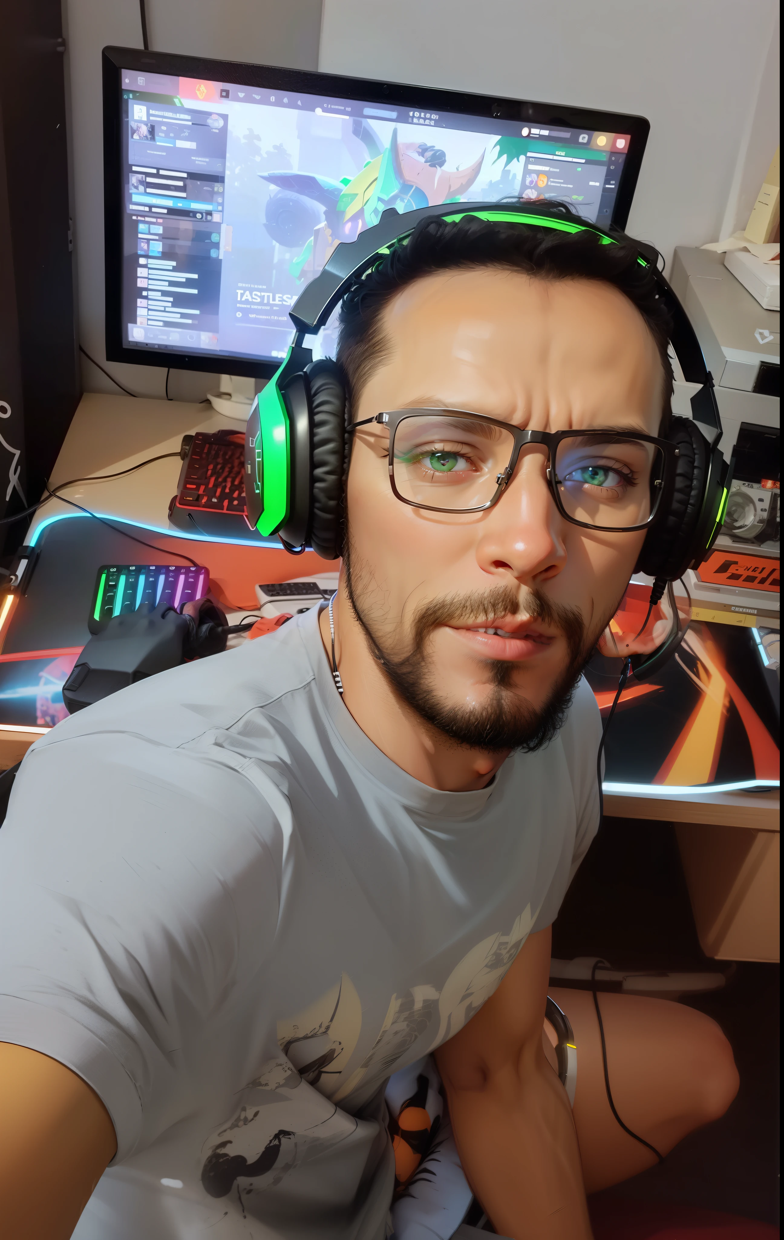 Gamer headset, futuristic, ultra realistic, green and yellow metallic.