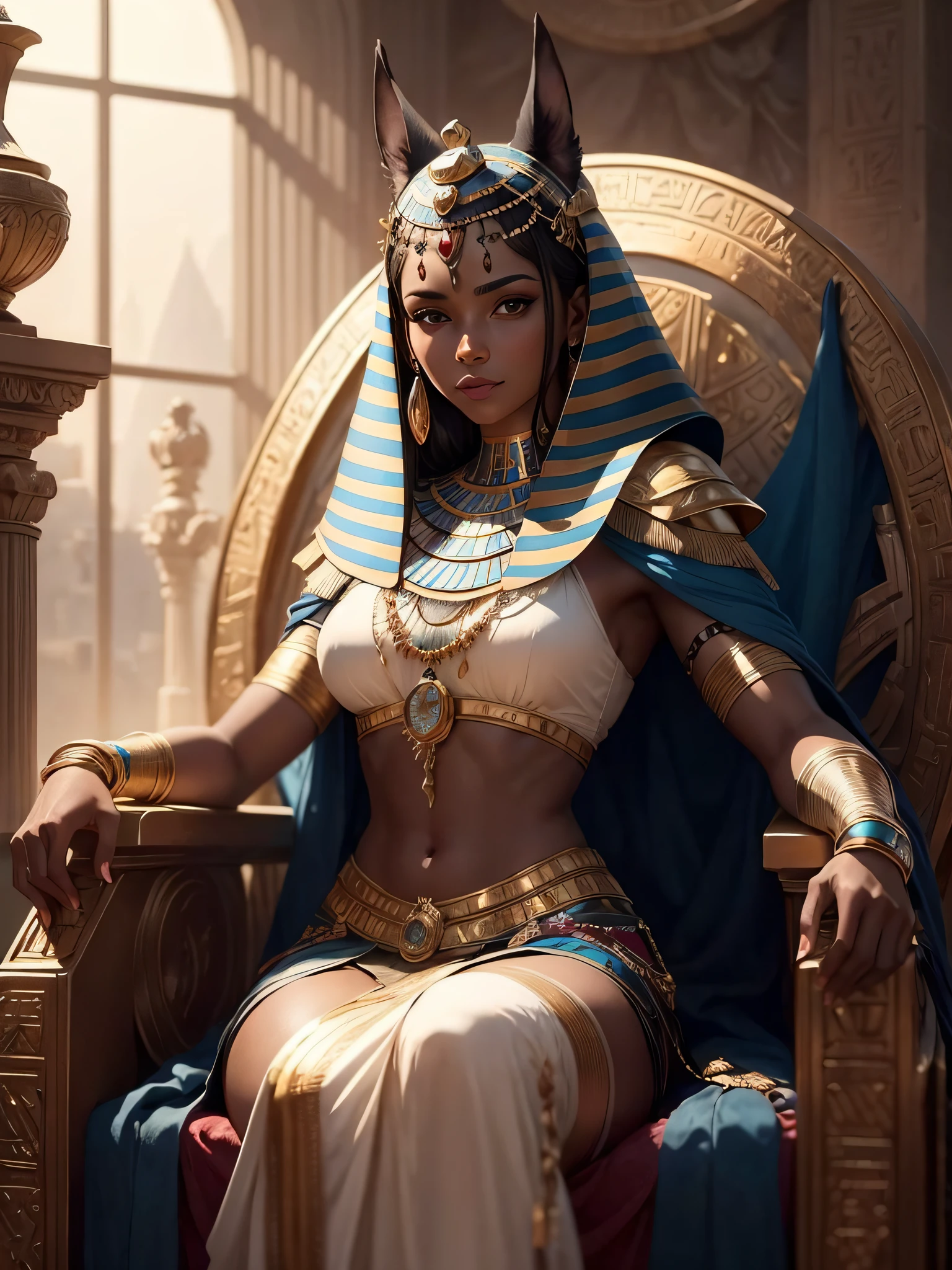 (extremely detailed wallpaper of the CG 8k unit), Egyptian woman, ultra detailed, perfect face, short dark hair, in an Egyptian armor, in the setting of ancient Egypt sitting on her throne, dark skin with a slight glow, twilight light slightly mind high, mysterious look, and a slight smile on her face, (ultra detailed eyes).