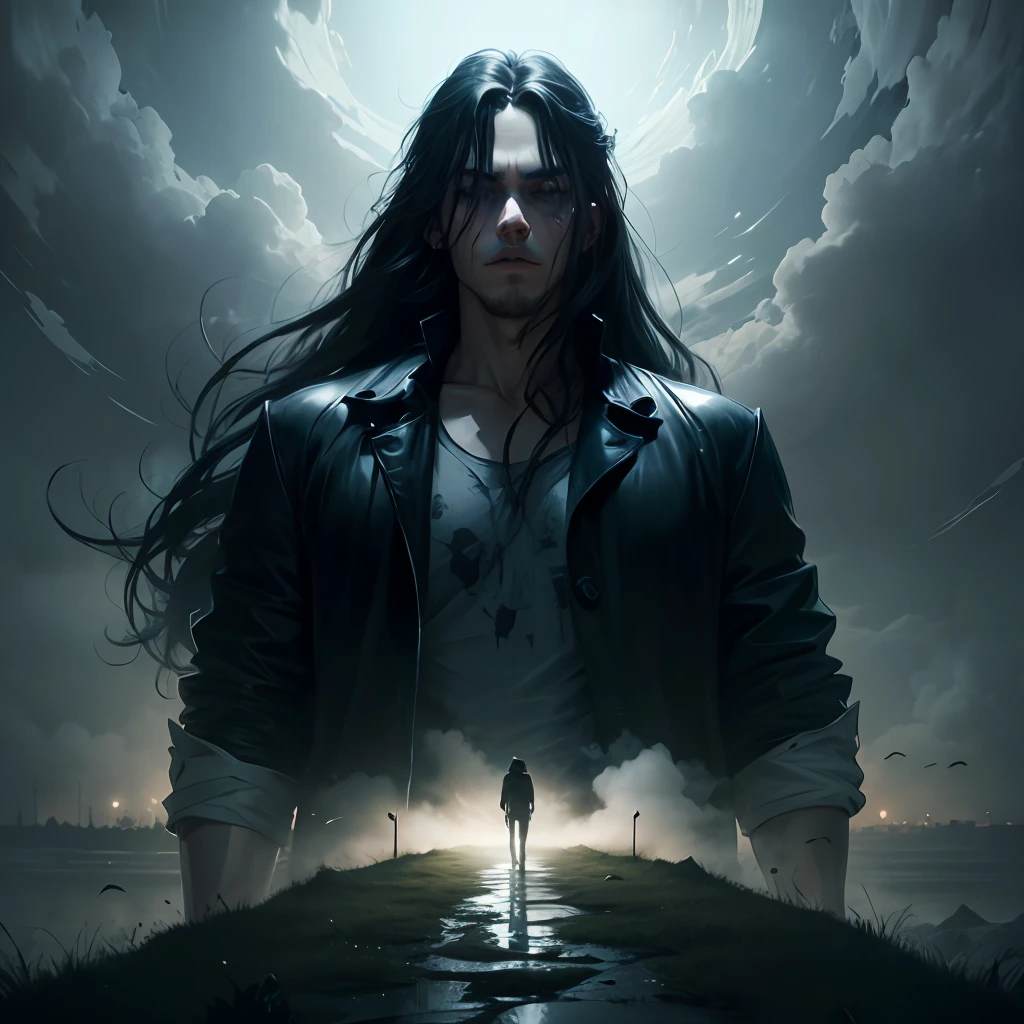 man, anime style, dark, angel, long hair, horror, 4k, detailed, fog --auto