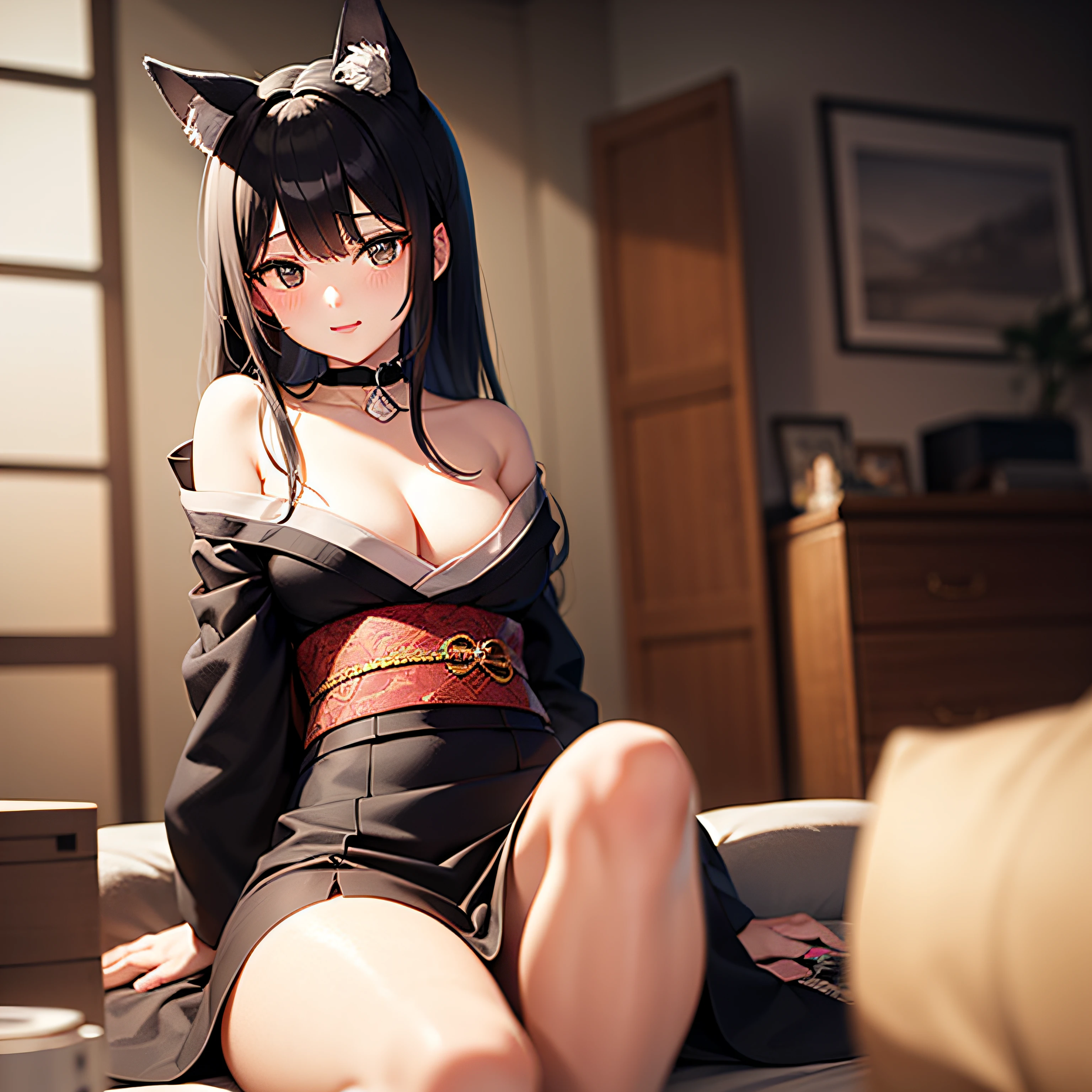 an anime weight with wolf orehas black black kimono hair