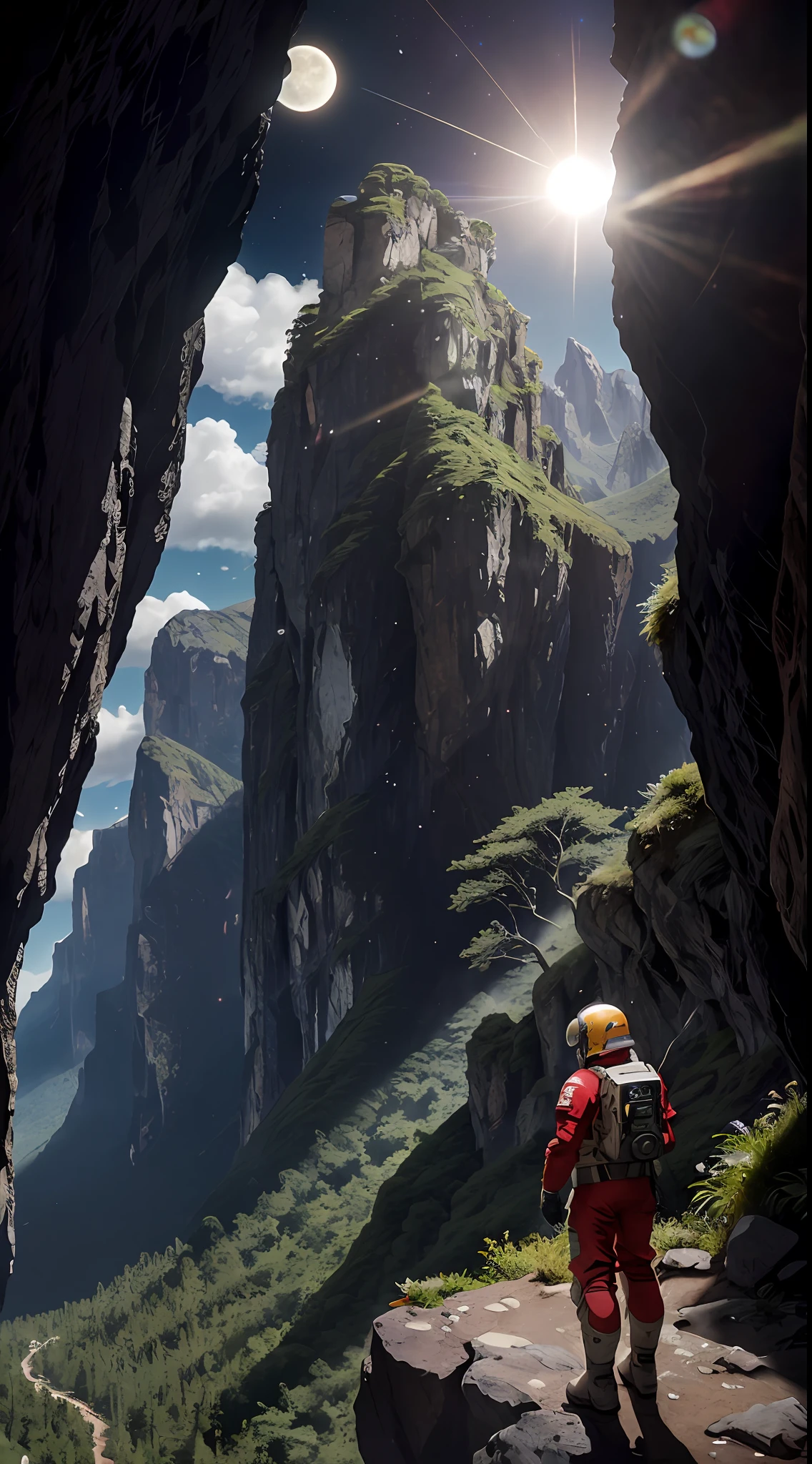 (35mmstyle:1.2), highly detailed RAW color photo, back corner, full body, (female space marine, wearing white and red spacesuit, futuristic helmet, tinned mask, rebreather, prominent loot), outdoors, (standing on a cliff tall Rocky Mountains, looking out at the magical lush green rainforest on an alien planet), vivid details, (exotic alien planet), toned body, big ass, (sci-fi), (Mountains: 1.1), (Lush green vegetation), (Two Moon in the sky: 0.8), (Very detailed, Ultra-detailed, Complex), (Lens flare: 0.7), (Halo: 0.7), Particle effects, ray tracing, cinematic lighting, shallow depth of field, Shot on Sony a9 II, 35mm wide-angle lens, clear focus, motion picture film, from Gravity 2013, seen from behind, dynamic angle