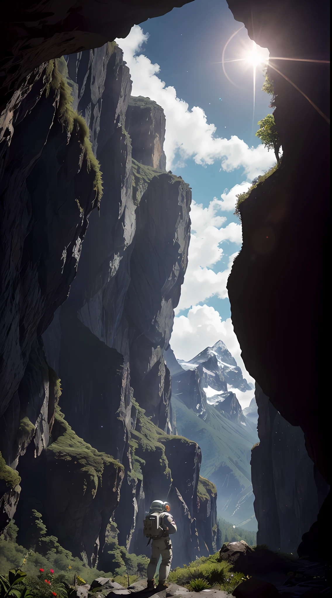 (35mmstyle:1.2), highly detailed RAW color photo, back corner, full body, (female space marine, wearing white and red spacesuit, futuristic helmet, tinned mask, rebreather, prominent loot), outdoors, (standing on a cliff tall Rocky Mountains, looking out at the magical lush green rainforest on an alien planet), vivid details, (exotic alien planet), toned body, big ass, (sci-fi), (Mountains: 1.1), (Lush green vegetation), (Two Moon in the sky: 0.8), (Very detailed, Ultra-detailed, Complex), (Lens flare: 0.7), (Halo: 0.7), Particle effects, ray tracing, cinematic lighting, shallow depth of field, Shot on Sony a9 II, 35mm wide-angle lens, clear focus, motion picture film, from Gravity 2013, seen from behind, dynamic angle