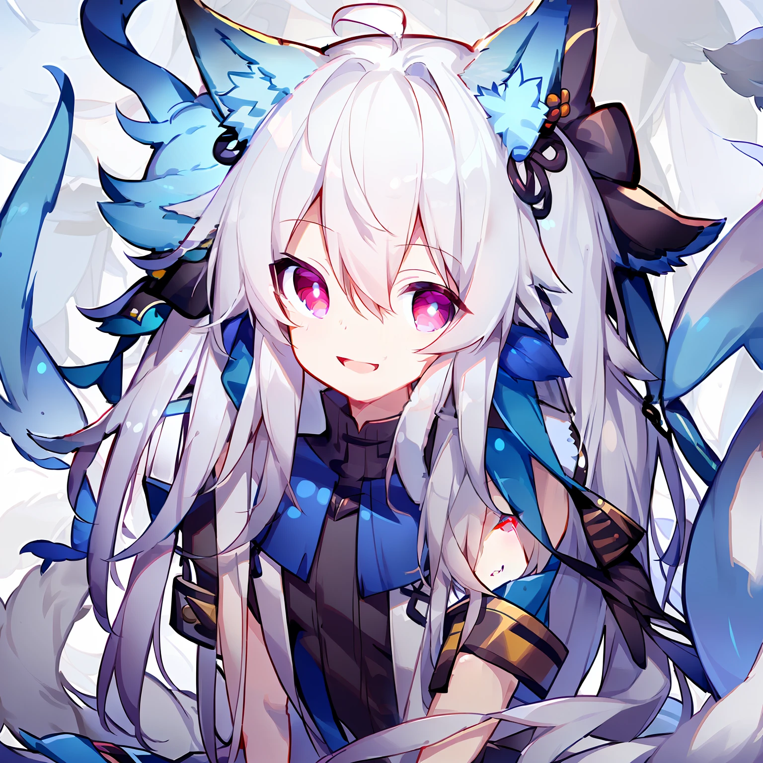 1 Boy, Solo, Animal Ears, Man's Daughter, White Hair, Long Hair, Smile, Fox Ears, Fox Tail, Red Eyes, Ponytail, Animal Ear Fluff, Bangs, Ahoge, Clothes, Hoodie, Short Sleeves, Blue Ribbon, Anime, Cute,