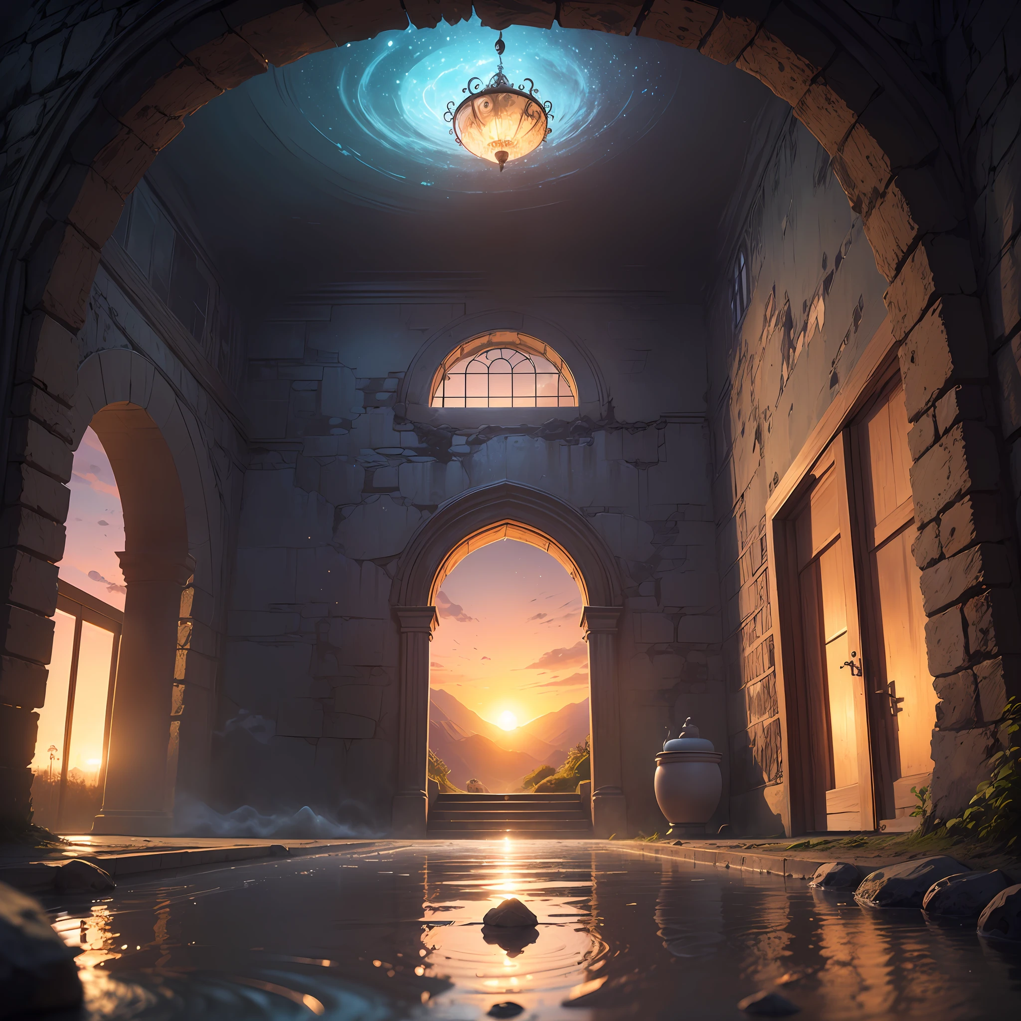 Realistic drawing, Computer visualized graphics, realistic fantasy, Extensive landscape ultra photography (general view, which shows the room, half-wall, (walls, dilapidated walls, ceiling, stone steps leading to the bottom, a small stone ruined platform, a ruined fountain, dried water, broken wooden railings, a ruined fountain in the form of a bowl below, dried water), darkness, night, blurred background, gloomy, blue, dark, purple background, gray,  cold, magical, "Majestic mountains," "Lush forests," "Glittering lakes," "Desert dunes," "Golden sunsets. --auto