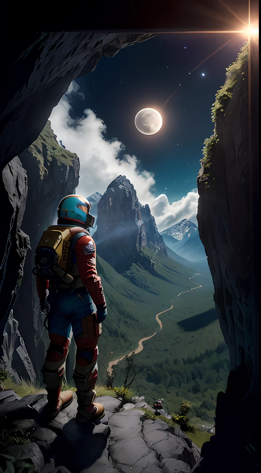 (35mmstyle:1.2), highly detailed RAW color photo, back corner, full body, (female space marine, wearing white and red spacesuit, futuristic helmet, tinned mask, rebreather, prominent loot), outdoors, (standing on a cliff tall Rocky Mountains, looking out at the magical lush green rainforest on an alien planet), vivid details, (exotic alien planet), toned body, big ass, (sci-fi), (Mountains: 1.1), (Lush green vegetation), (Two Moon in the sky: 0.8), (Very detailed, Ultra-detailed, Complex), (Lens flare: 0.7), (Halo: 0.7), Particle effects, ray tracing, cinematic lighting, shallow depth of field, Shot on Sony a9 II, 35mm wide-angle lens, clear focus, motion picture film, from Gravity 2013, seen from behind, dynamic angle