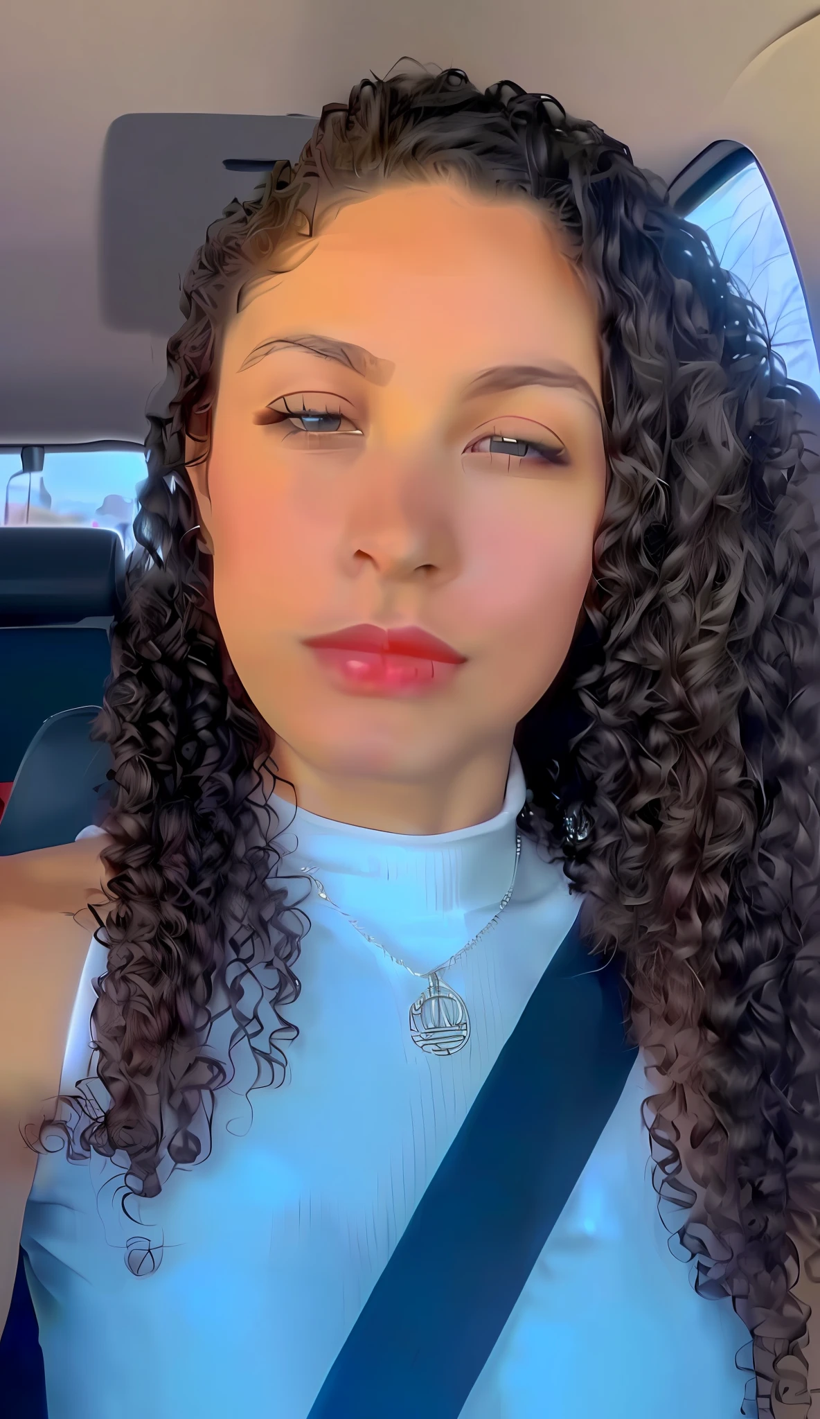 A closeup of a woman with long curly hair in a car, taken in early 2020, 30-year-old woman from Cuba, profile picture, profile picture, taken on 2 0 2 0, TikTok video, Instagram Story, wears an Egyptian ankh necklace, selfie of a young woman, headshot profile picture,4k, red lipstick