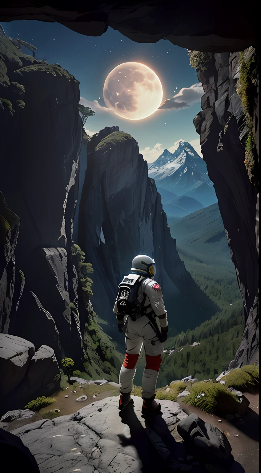 (35mmstyle:1.2), highly detailed RAW color photo, back corner, full body, (female space marine, wearing white and red spacesuit, futuristic helmet, tinned mask, rebreather, prominent loot), outdoors, (standing on a cliff tall Rocky Mountains, looking out at the magical lush green rainforest on an alien planet), vivid details, (exotic alien planet), toned body, big ass, (sci-fi), (Mountains: 1.1), (Lush green vegetation), (Two Moon in the sky: 0.8), (Very detailed, Ultra-detailed, Complex), (Lens flare: 0.7), (Halo: 0.7), Particle effects, ray tracing, cinematic lighting, shallow depth of field, Shot on Sony a9 II, 35mm wide-angle lens, clear focus, motion picture film, from Gravity 2013, seen from behind, dynamic angle