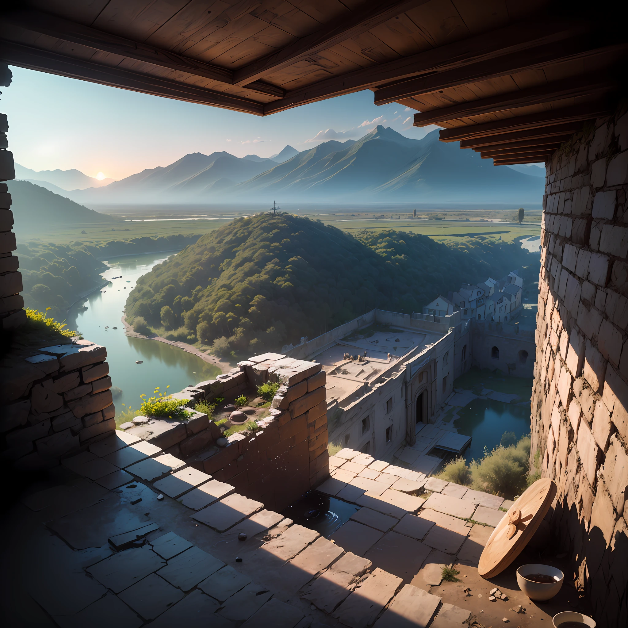 Realistic drawing, Computer visualized graphics, realistic fantasy, Extensive landscape ultra photography (general view, which shows the room, (walls, dilapidated walls, ceiling, stone steps to the basement, steps leading to the bottom, a small stone ruined platform, a collapsed fountain, dried water, broken wooden railings, a ruined fountain in the form of a bowl below, dried water), darkness, night, blurred background, gloomy, blue, dark, purple background, gray, cold, magical, "Majestic mountains," "Lush forests," "Glittering lakes," "Desert dunes," "Golden sunsets. --auto