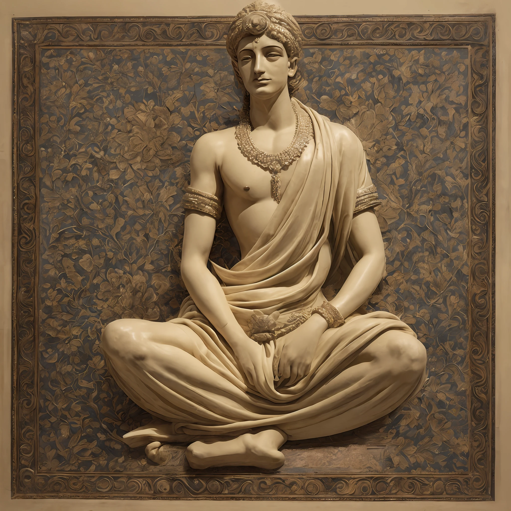 1 man, legs crossed on a lotus, hands folded, firm gaze, dressing, Gandhara style