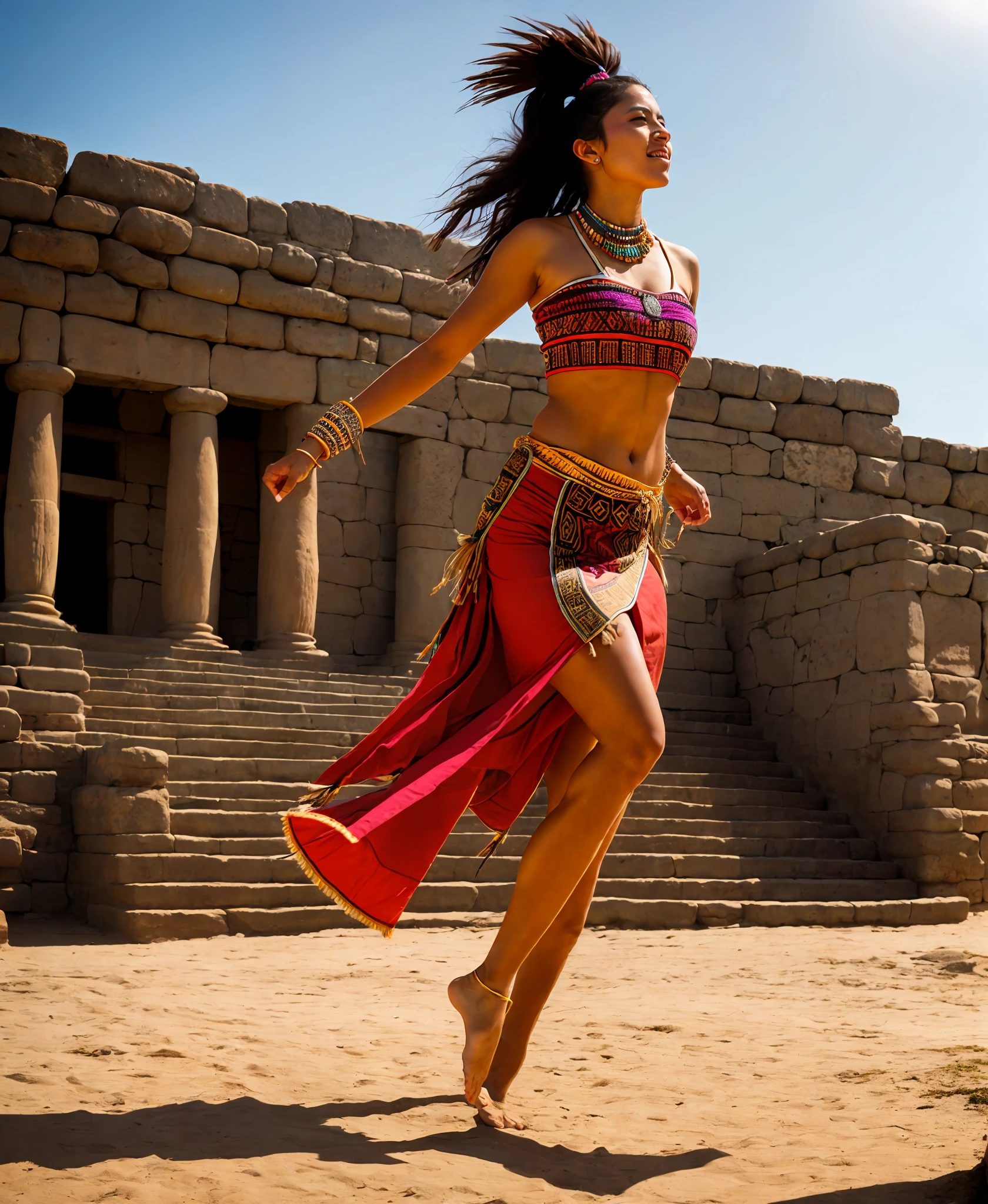 artistic photograph of an aztec woman dancing, loin cloth, (full body shot), extremely detailed, centered, [intricate aztec temple in the background], high resolution, hyperdetailed, insane details, soft lighting, film grain