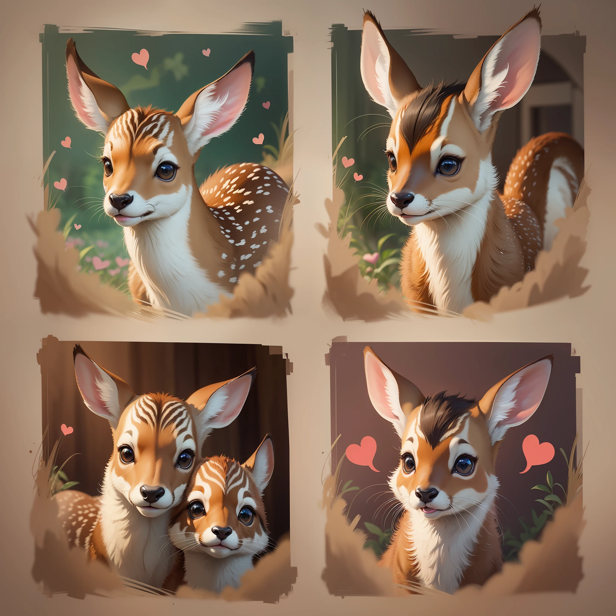 a close up of four pictures of a deer with hearts, disney's bambi cat, disney art, by Bob Singer, by disney, cute artwork, disney cartoon, awesome, disney art style, production art, in style of disney animation, disney disney, disney cartoon face, jerry, disney artstyle, disney concept art, deers, art in the style of disney