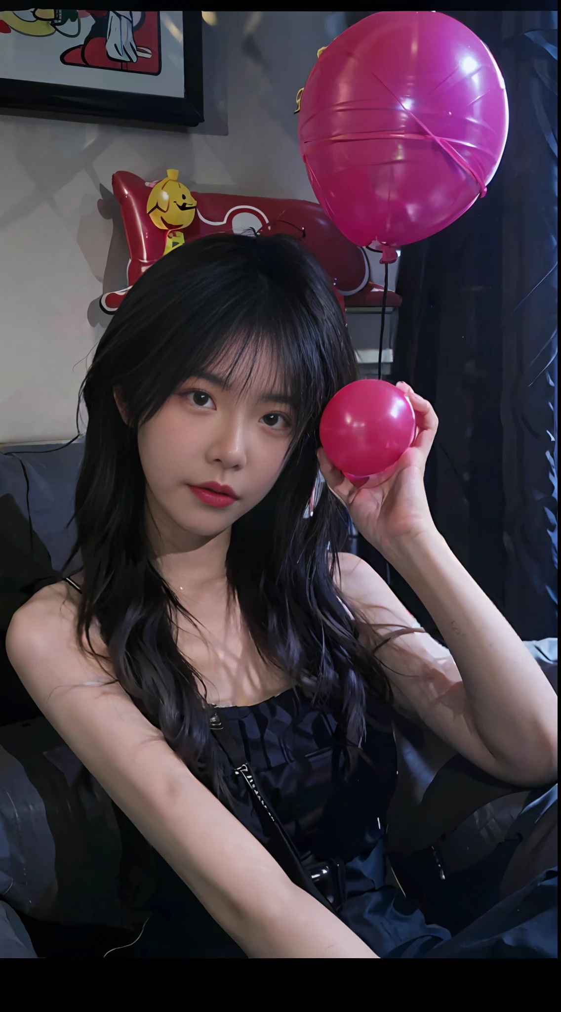 A girl, edited photography, shot with Canon EOA 6 D Mark II, holding a balloon, official artwork, photographed in Canon EOS R 5, photographed in Canon EOS R5, photographed in Canon EOS 5 D Mark IV, delicate facial features, delicate eyes, top-down angle,