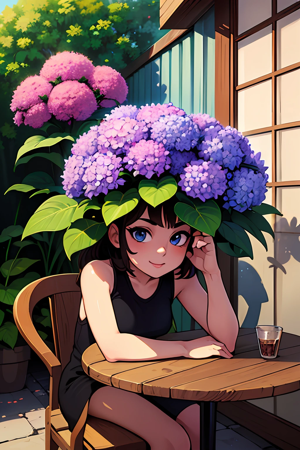 high resolution, professional lighting, (a girl, 20yo:2), she is in front, a patio with potted plants and a table and chairs, top rated on pixiv, in stunning digital paint, antialiased, realistic painting of a complex, volumetric shadow, award-winning painting, hydrangea, next to window, highres, an ai generated image, krenzcushart, a quaint, uncompressed png, patio, masterpiece, best quality