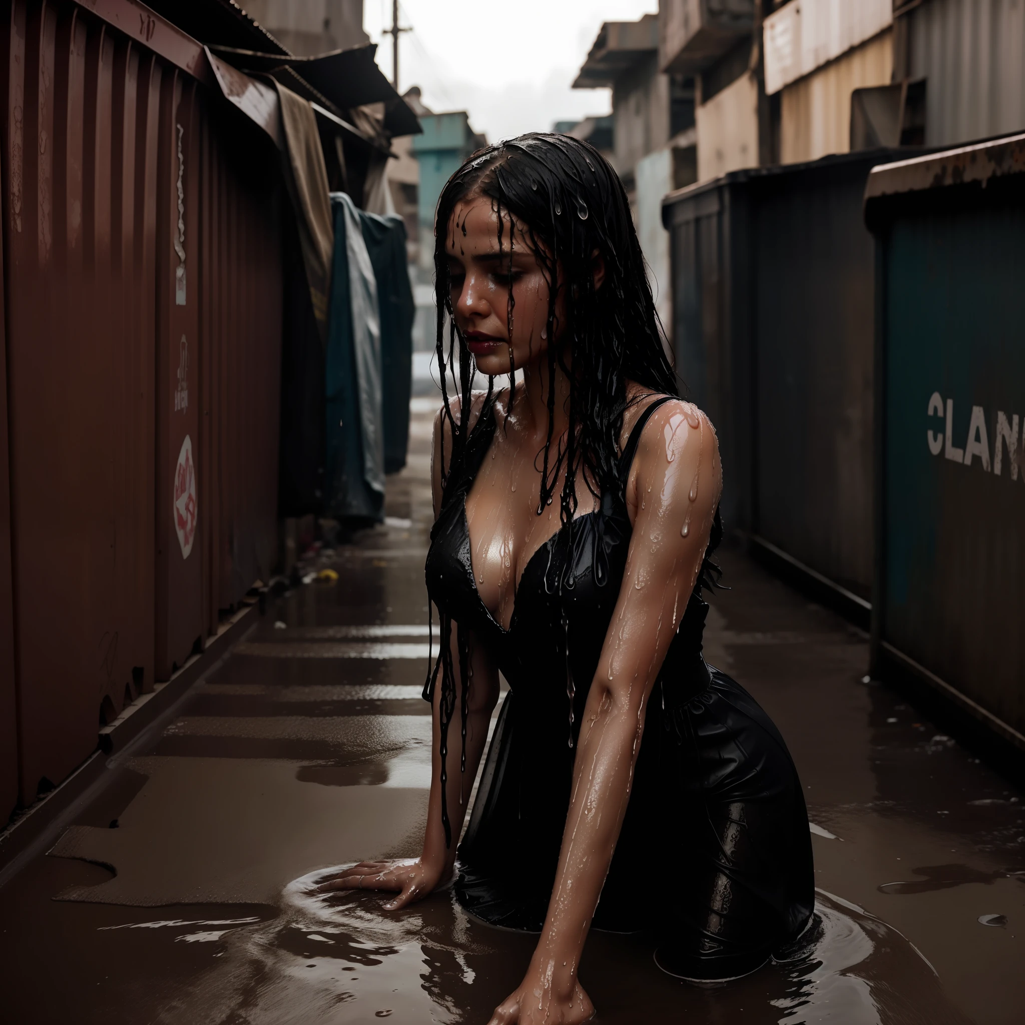 Scared princess hiding by a dumpster in a dark alley, slum, dirty, wet, dripping, stained dress, ruined dress, royal jewelry, diamond jewelry, princess crown, royal ballgown, 8k, wet hair, wet dress (((drenched))) (((soaked)) cinematic