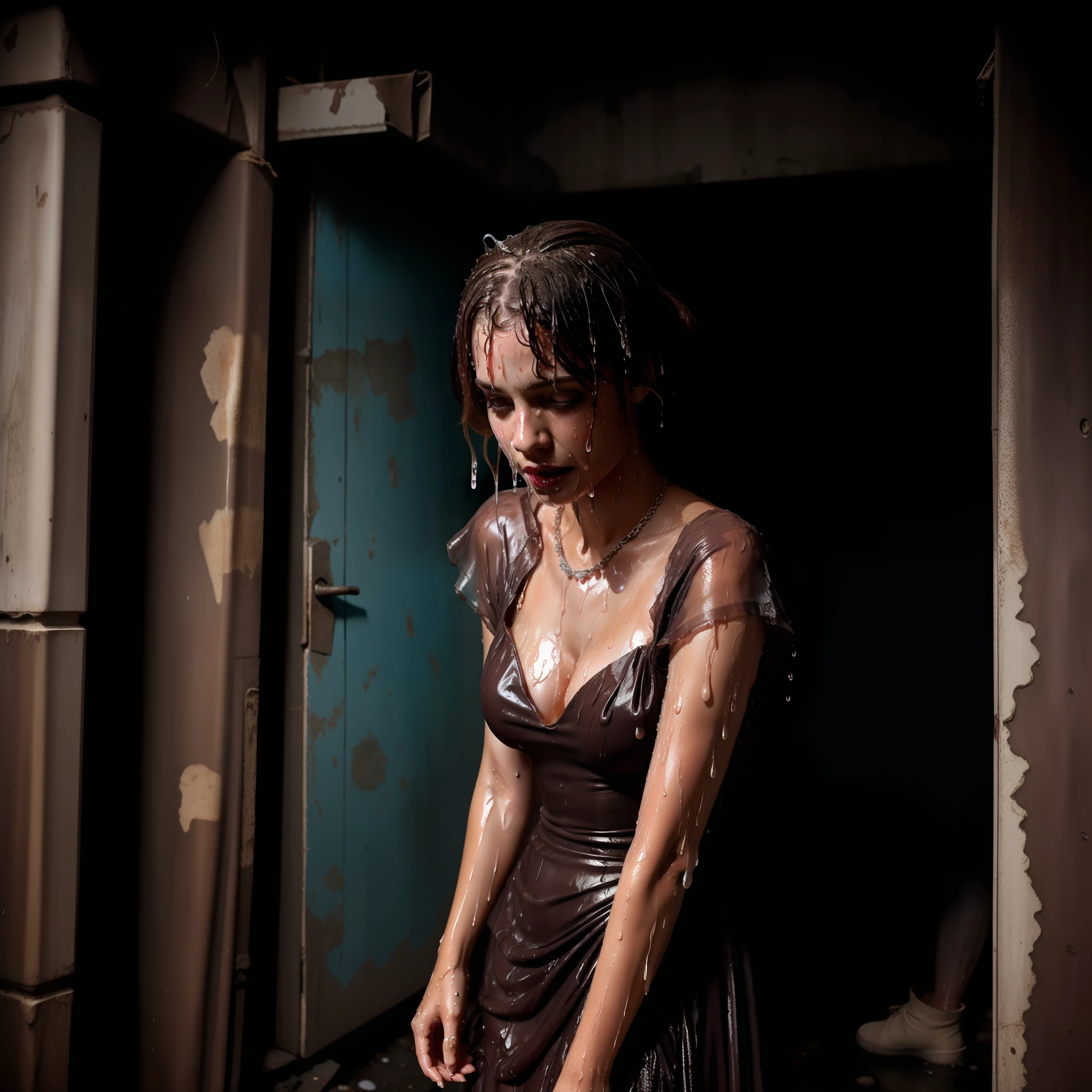 Scared princess hiding in a dark alley, slum, dirty, wet, dripping, stained dress, ruined dress, royal jewelry, diamond jewelry, princess crown, royal ballgown, 8k, wet hair, wet dress (((drenched))) (((soaked)))