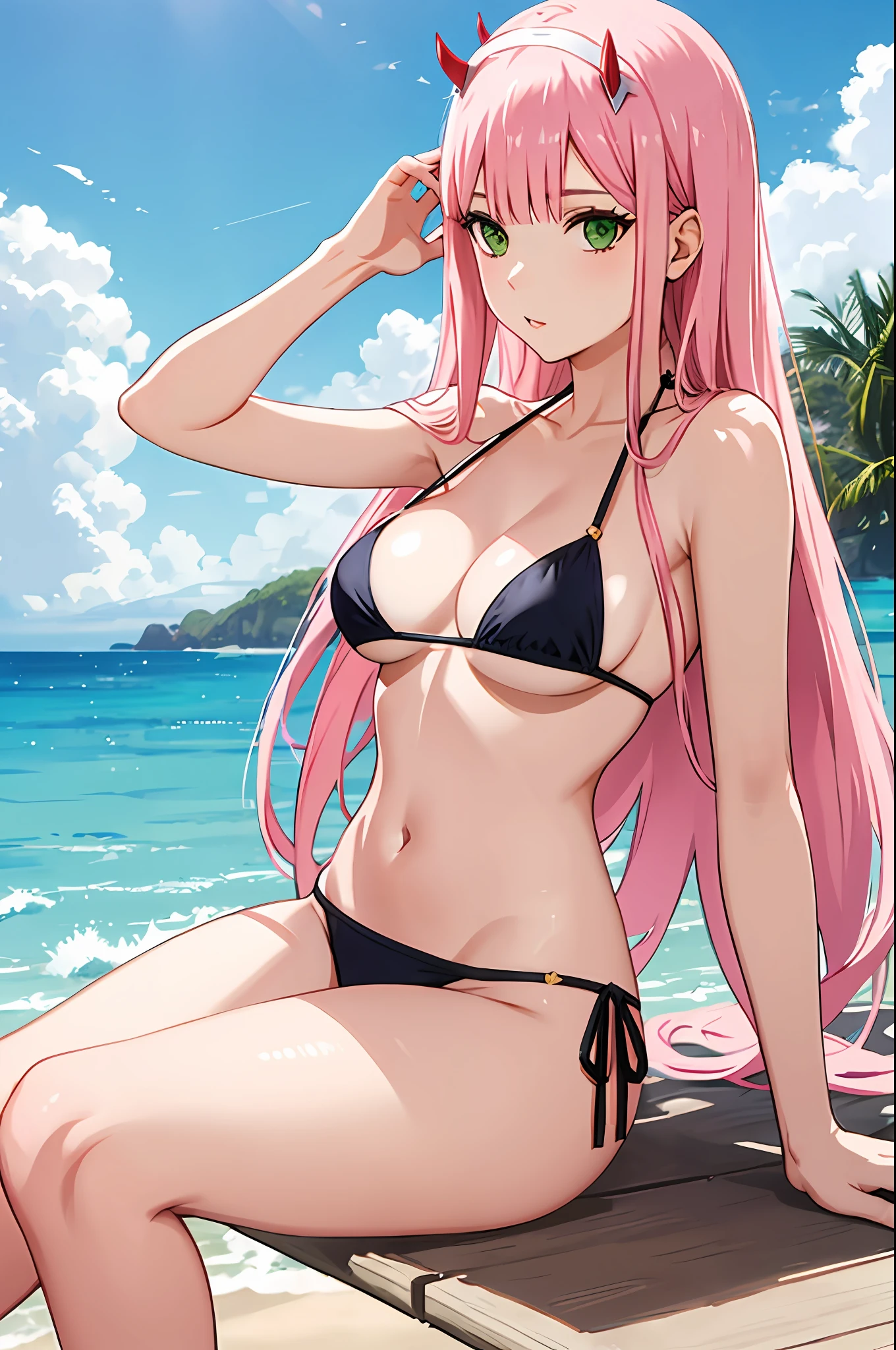 zero two, side tie bikini, medium breast, slim legs, sunny day, Beach, leaning, beautiful eyes, green eyes, nervous