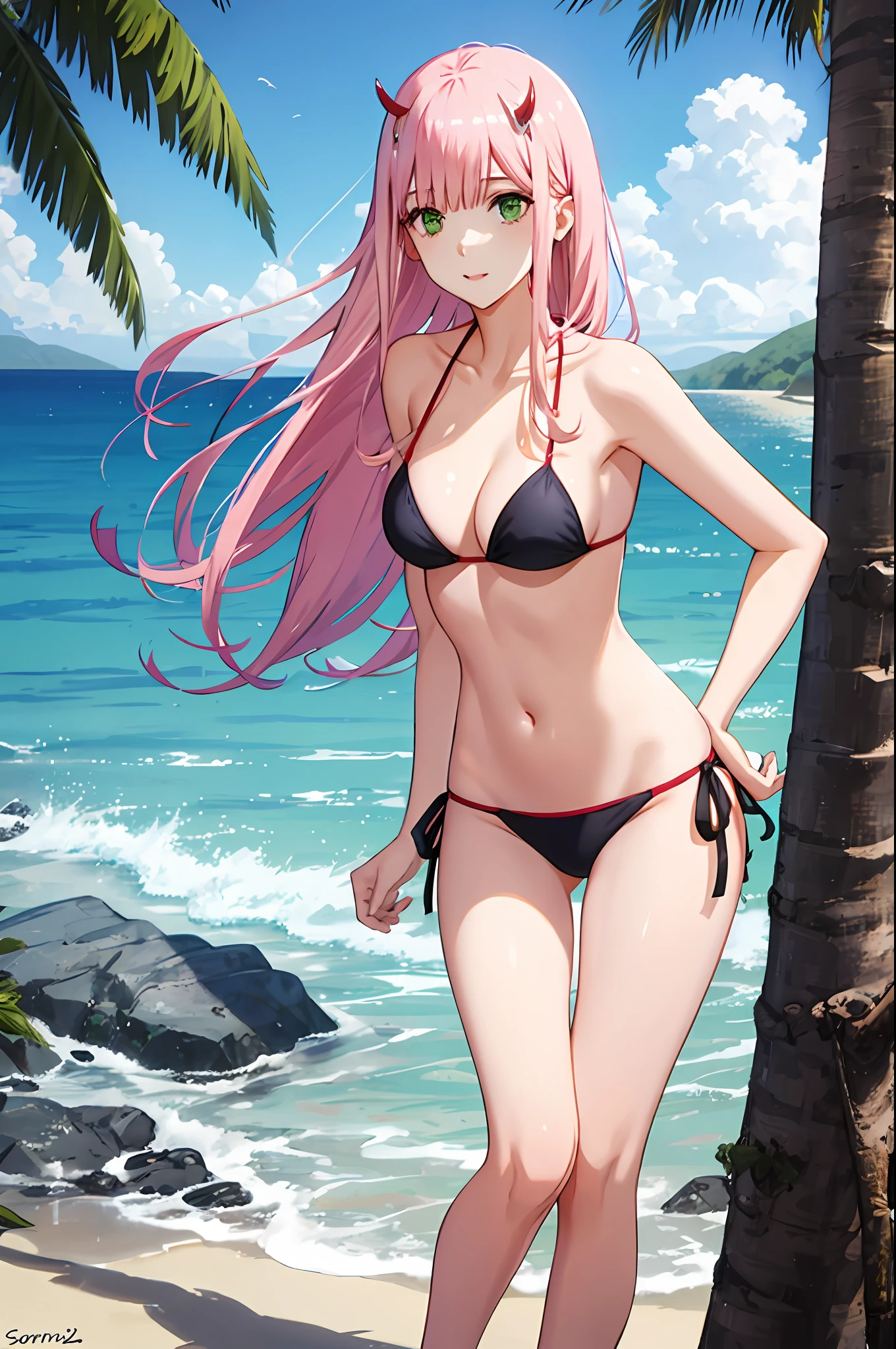 zero two, side tie bikini, medium breast, slim legs, sunny day, Beach, leaning, beautiful eyes, green eyes, nervous