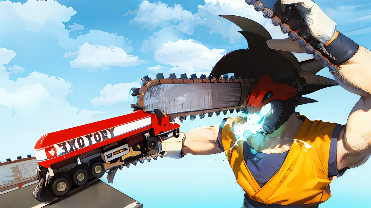 there is a man holding a chainsaw over his head, giant dragon flying in the sky, goku fused with optimus prime, robot dragon claws, pc screenshot, videogame still, videogame screenshot, official screenshot, sharp robot dragon claws, video game screenshot>, with robot dragon head, inspired by Akira Toriyama, video game screenshot, fire breathing. bowser