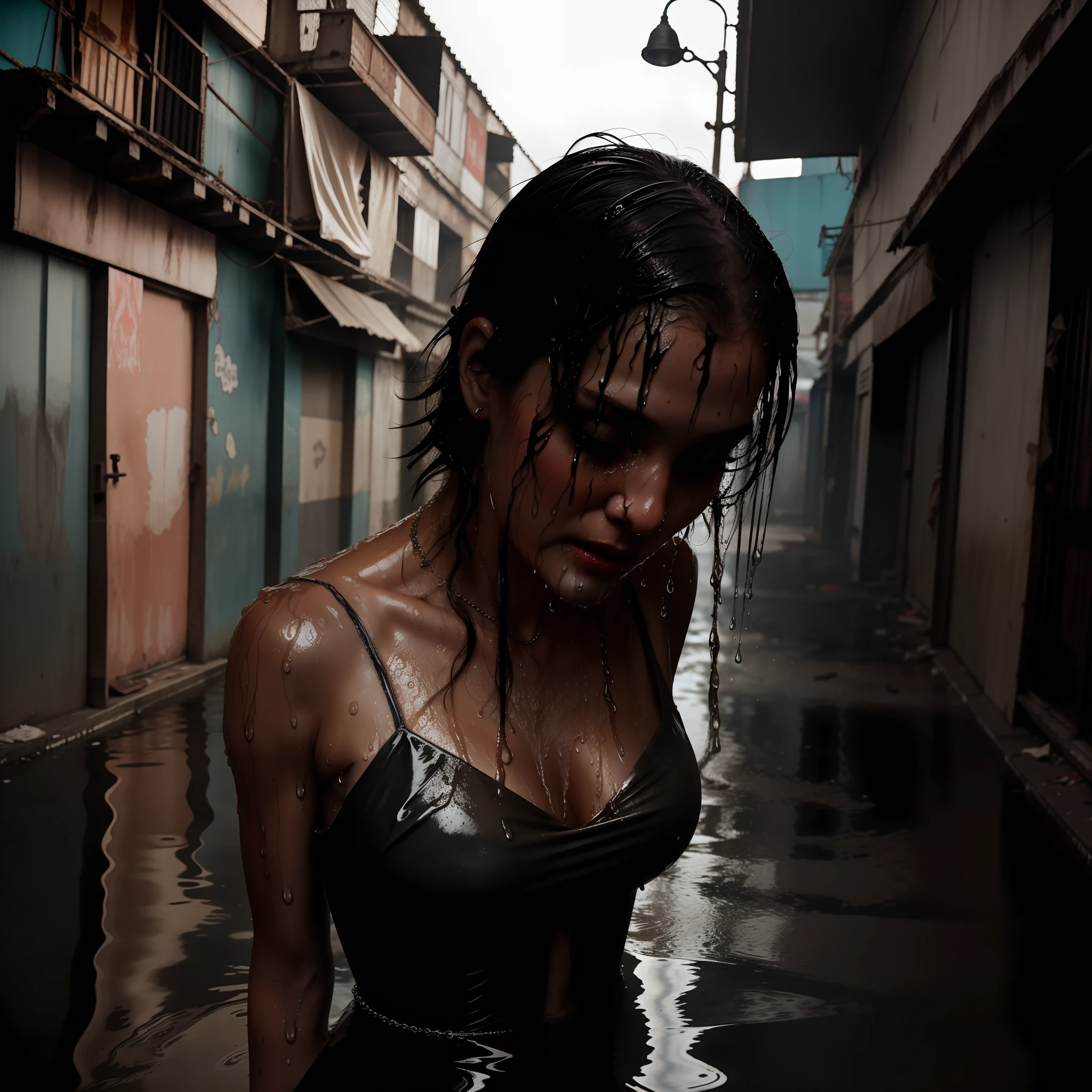 Scared princess hiding in a dark alley, slum, dirty, wet, dripping, stained dress, ruined dress, royal jewelry, diamond jewelry, princess crown, royal ballgown, 8k, wet hair, wet dress (((drenched))) (((soaked))) cinematic